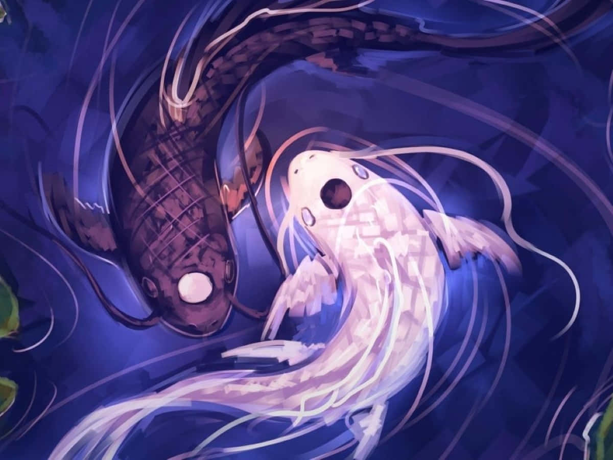 Yin Yang Fish 桌布 壁紙 — 兩條風格化的錦鯉在深藍色水的漩渦中游動，帶有發光的輪廓和幾何圖案。