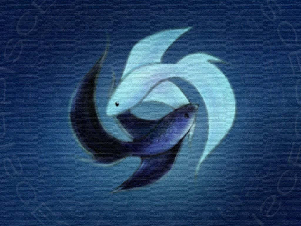 雙魚座 桌布 壁紙 — 兩條風格化的魚在紋理深藍色背景上優雅地以圓形擁抱游動。