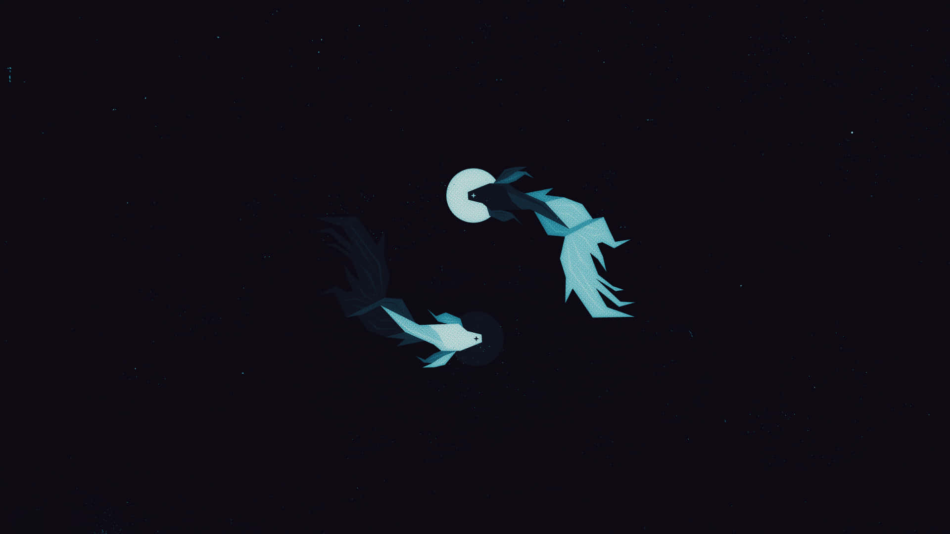 HD Amoled 桌布 壁紙 — 兩條風格化的魚在繁星點點的夜空下，優雅地游繞著一輪發光的月亮。