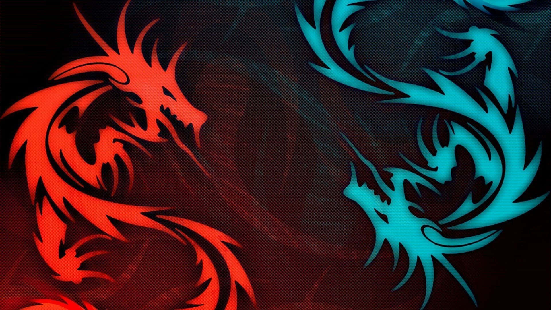 微星 桌布 壁紙 — 兩條風格化的龍——一條火紅，一條冰藍——在深色紋理背景上動態纏繞。