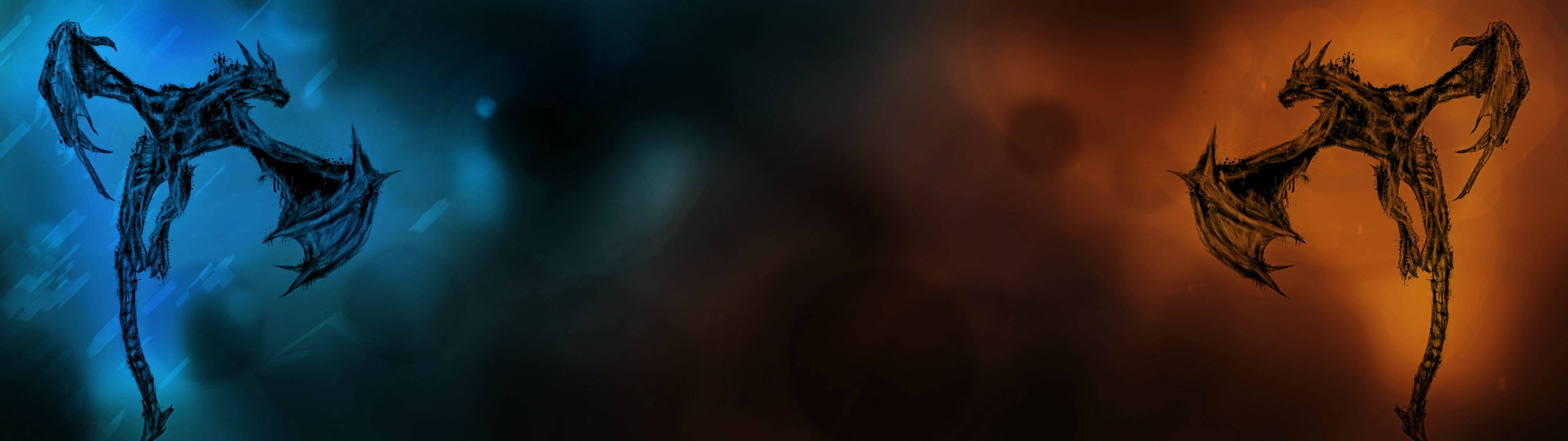 高清 桌布 壁紙 — 兩條骷髏龍在相反的宇宙風暴中翱翔，一條是冰藍色，另一條是火橙色。