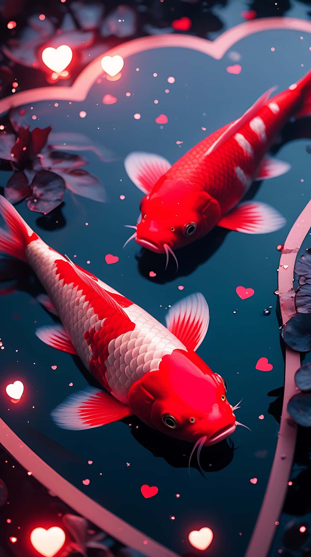 Red Kohaku Fish in Heart-Shaped Pond – Love Wallpaper for Smartphone 壁紙 — 兩條鮮豔的紅白錦鯉在一個心形池塘中優雅地游動，池塘裝飾著發光的粉紅色心形和漂浮的花瓣。