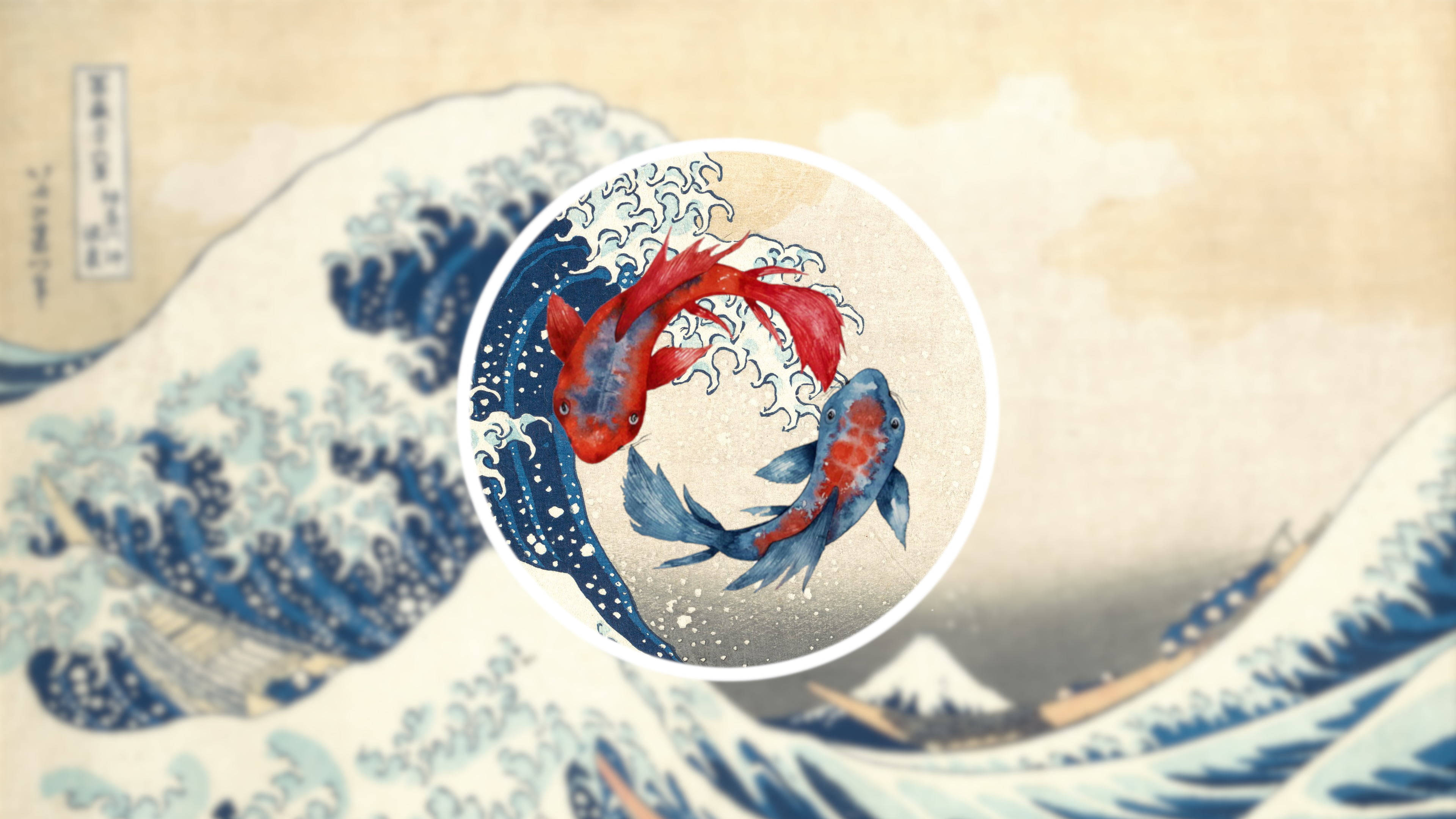 日式海浪 桌布 壁紙 — 兩條鮮豔的錦鯉在圓形框架中游動，背景是北齋的巨浪。