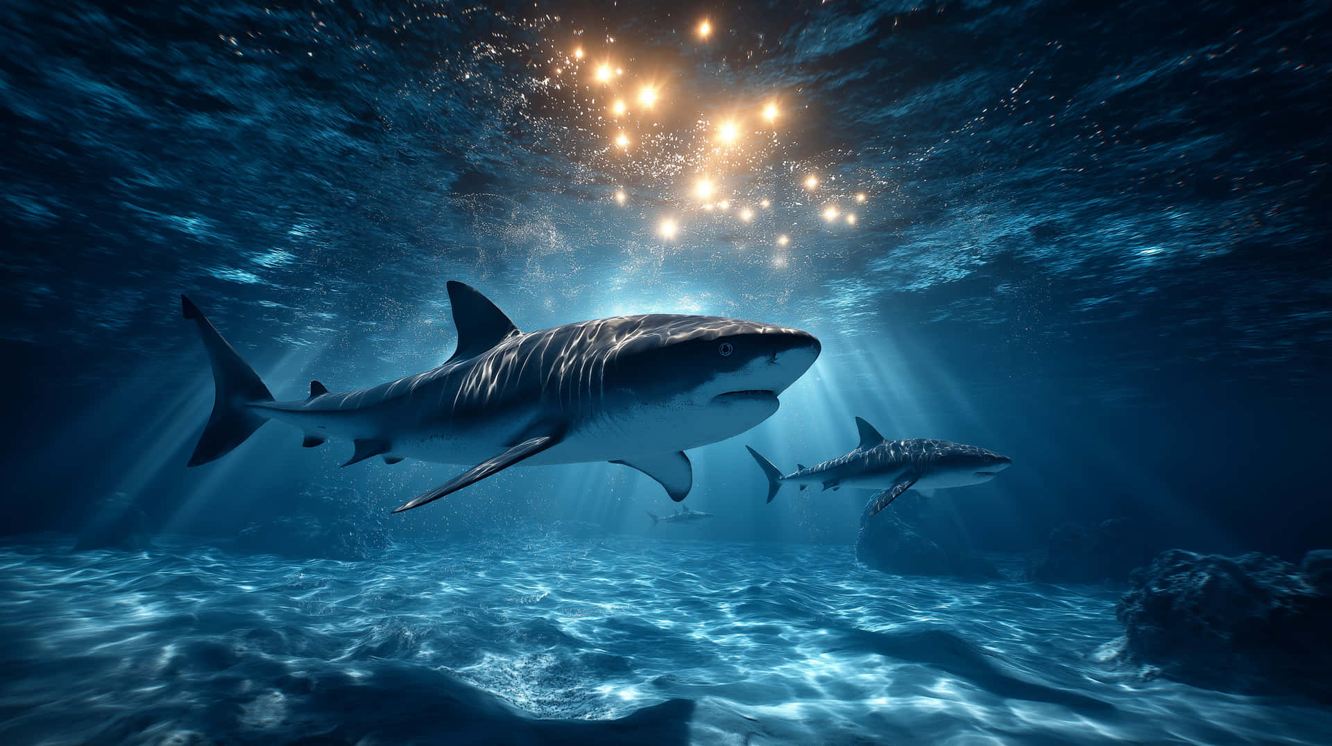 Photorealistic Sharks Gracefully Swimming in Blue Ocean Light 壁紙 — 兩條鯊魚在深藍色海洋中滑行，金色陽光穿透上方水面。