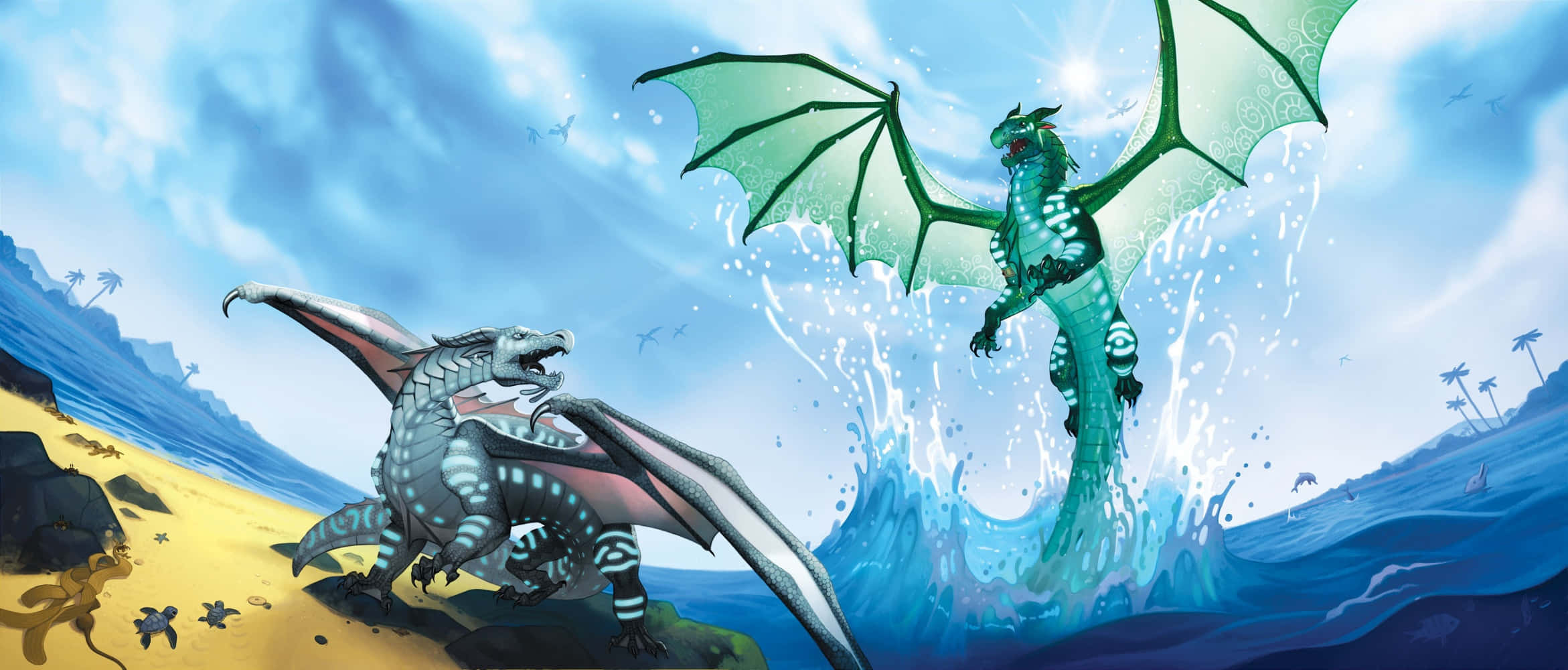 Wings Of Fire 桌布 壁紙 — 兩條龍交鋒——一條灰色在岸上，一條綠色從海洋躍出——以藍天和棕櫚樹為背景。