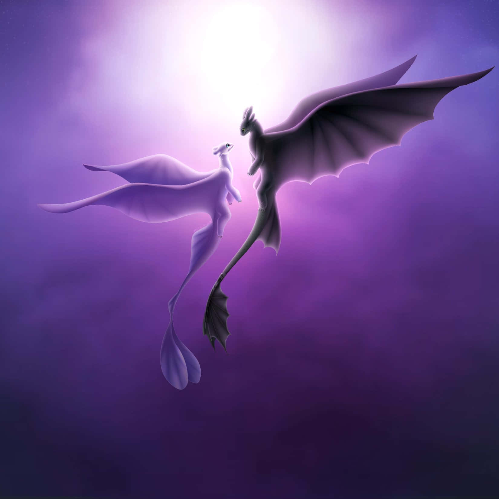 Dragon Profile 桌布 壁紙 — 兩條龍在散發著天光的紫色天空中優雅翱翔。