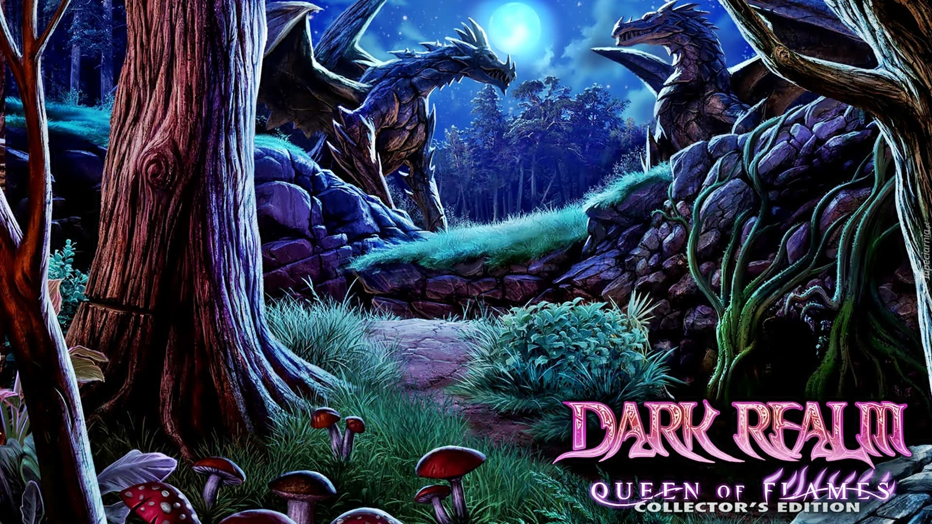 Dark Realm 桌布 壁紙 — 兩條龍在月光照耀的森林中守衛，森林中有發光的蘑菇和扭曲的樹木，頭頂是星空。
