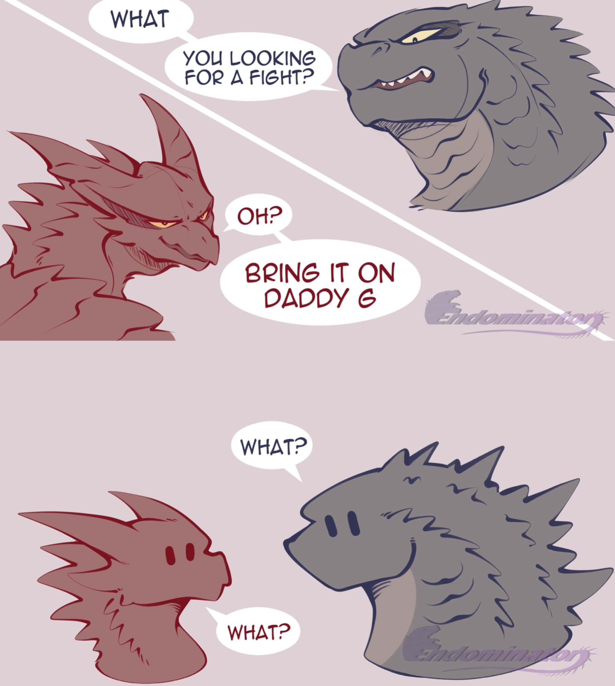 Godzilla Vs Rodan 桌布 壁紙 — 兩條龍在漫畫格中對峙，一條威嚇性地挑戰另一條，後者以驚訝和困惑回應。