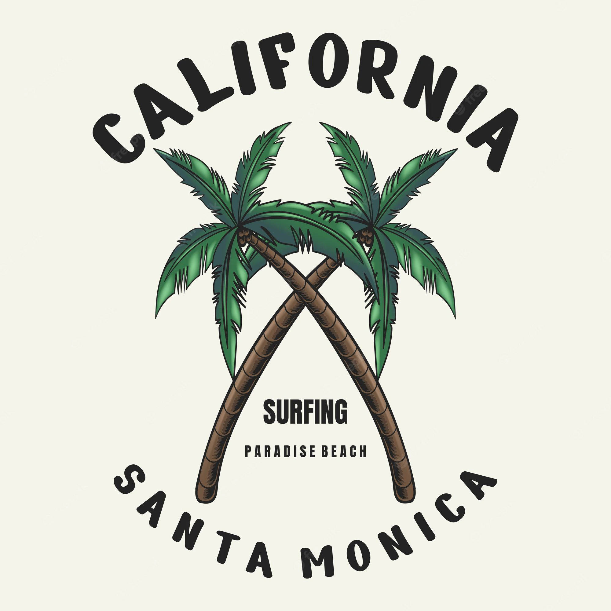 Monica 桌布 壁紙 — 兩棵交叉的棕櫚樹，下方有「California」和「Santa Monica」文字，再下方有「Surfing Paradise Beach」。