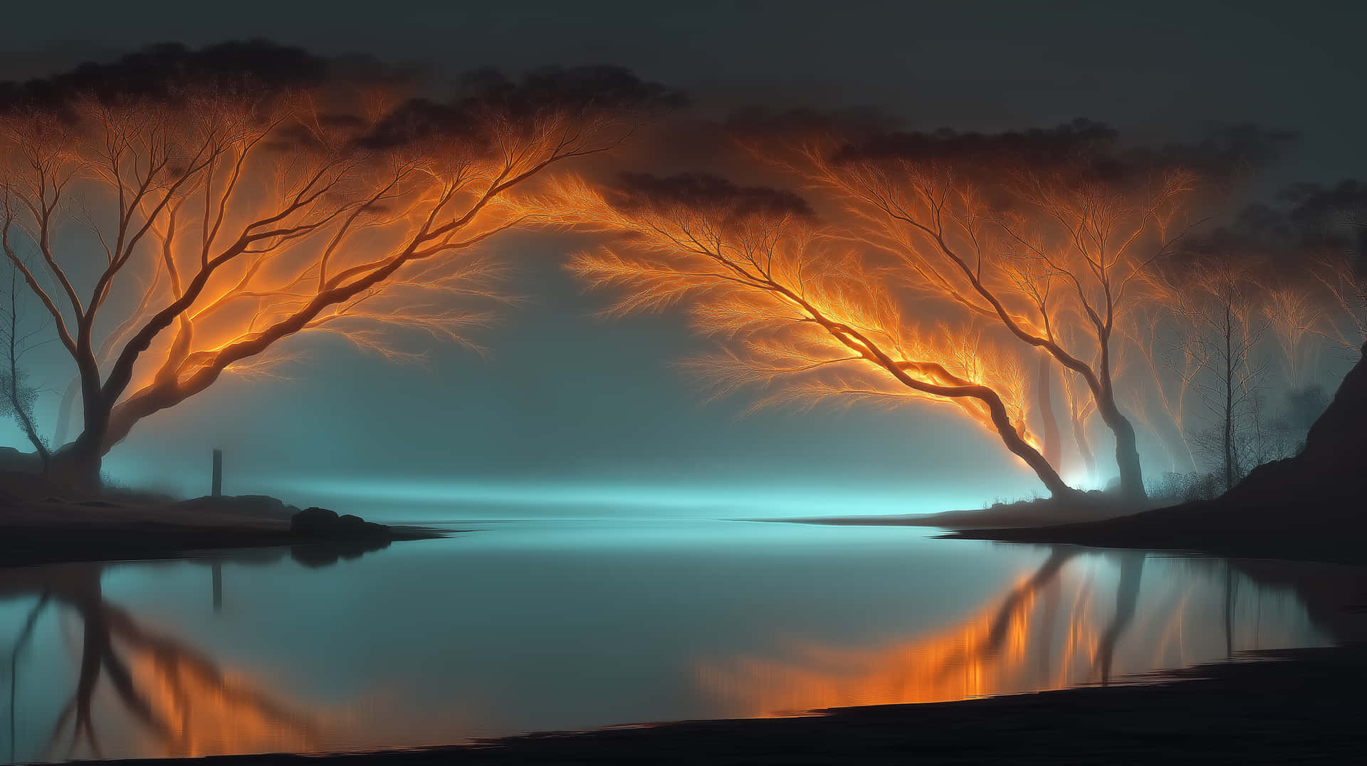 Ethereal Landscape with Lichtenberg Etched Trees Reflected 壁紙 — 兩棵光禿禿的樹拱起在平靜的湖面上，散發著火橙色的光芒，映襯著深藍綠色的天空。