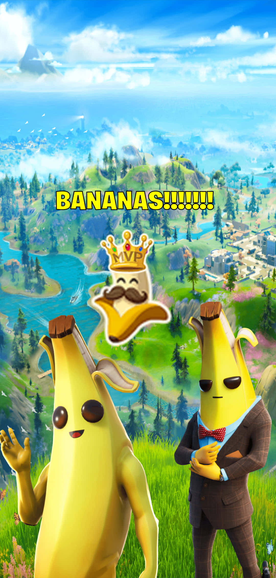 Peely Fortnite 桌布 壁紙 — 兩棵卡通香蕉在草地上慶祝，上方有一個戴皇冠的香蕉表情符號，背景是充滿活力的Fortnite景觀。
