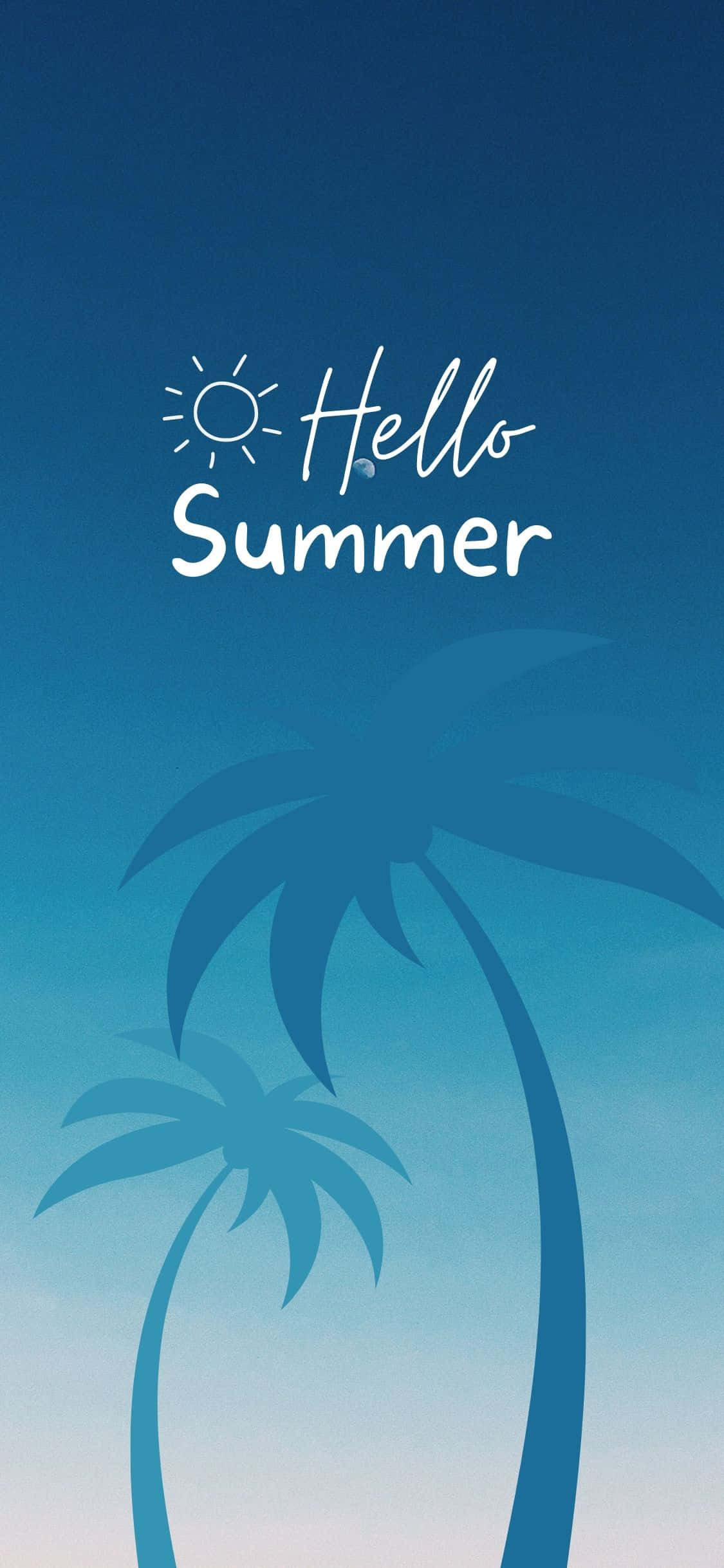 棕櫚樹 桌布 壁紙 — 兩棵棕櫚樹剪影襯托漸變藍色天空，帶有「Hello Summer」文字和太陽圖示。