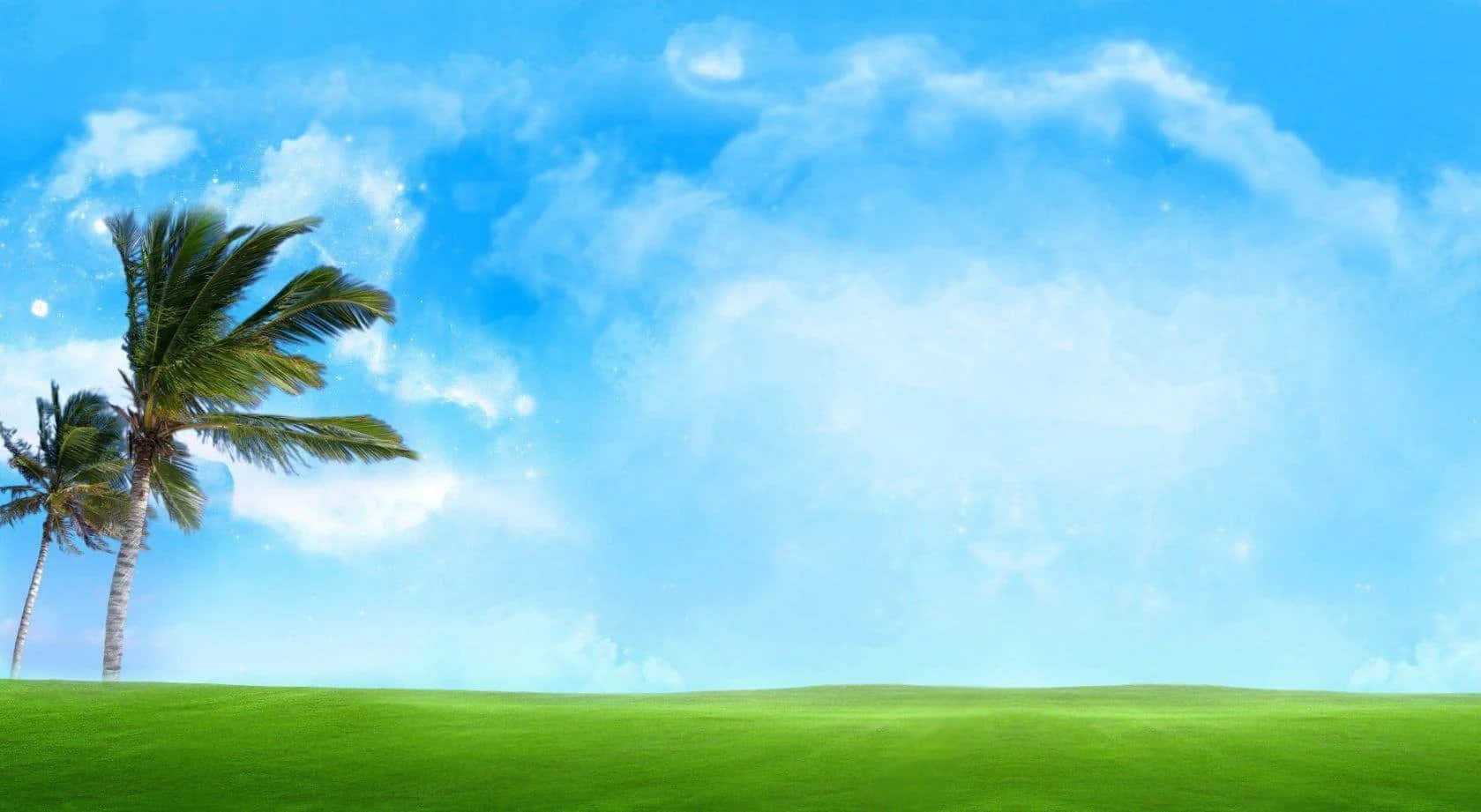 Blue Sky 桌布 壁紙 — 兩棵棕櫚樹在一個充滿活力的綠色山丘上，在明亮的藍天和蓬鬆的白雲下輕輕搖曳。