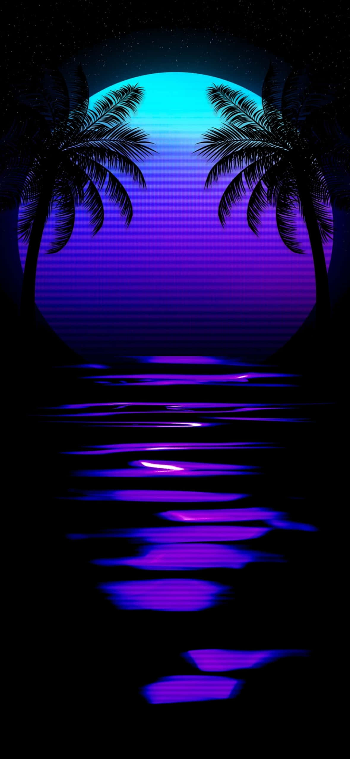 1179x2556 桌布 壁紙 — 兩棵棕櫚樹框住一個發光的霓虹藍色和紫色日落，映照在黑暗的水面上，帶有鮮豔的倒影。