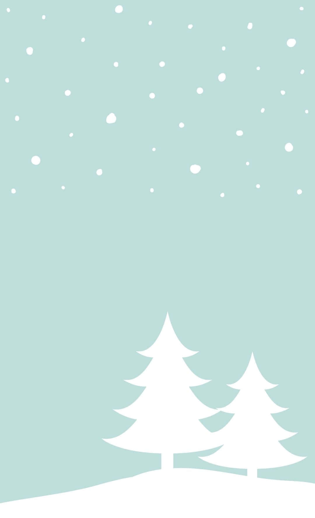 Cute Winter 桌布 壁紙 — 兩棵極簡風格的白色松樹矗立在積雪的山丘上，淡薄荷色的天空下飄落著雪花。