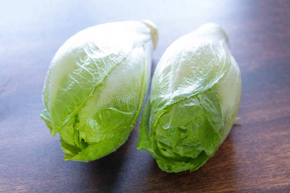 Food Photography 桌布 壁紙 — 兩棵爽脆的蘿蔓生菜放在深色木質表面上，柔和自然光凸顯其層層綠葉。