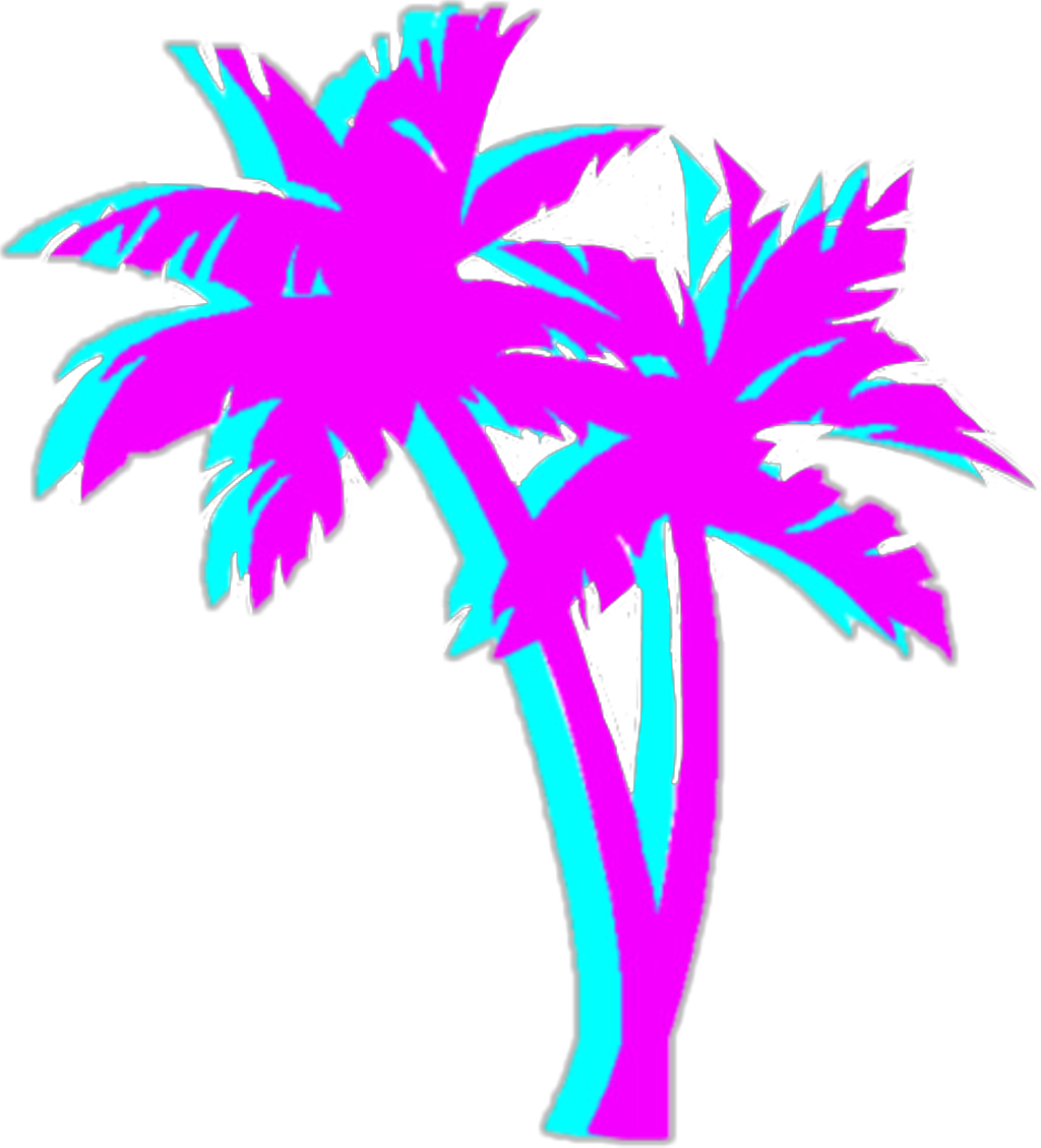 Vaporwave 桌布 壁紙 — 兩棵霓虹棕櫚樹在純黑背景下散發出鮮豔的粉紅色和青色光芒。