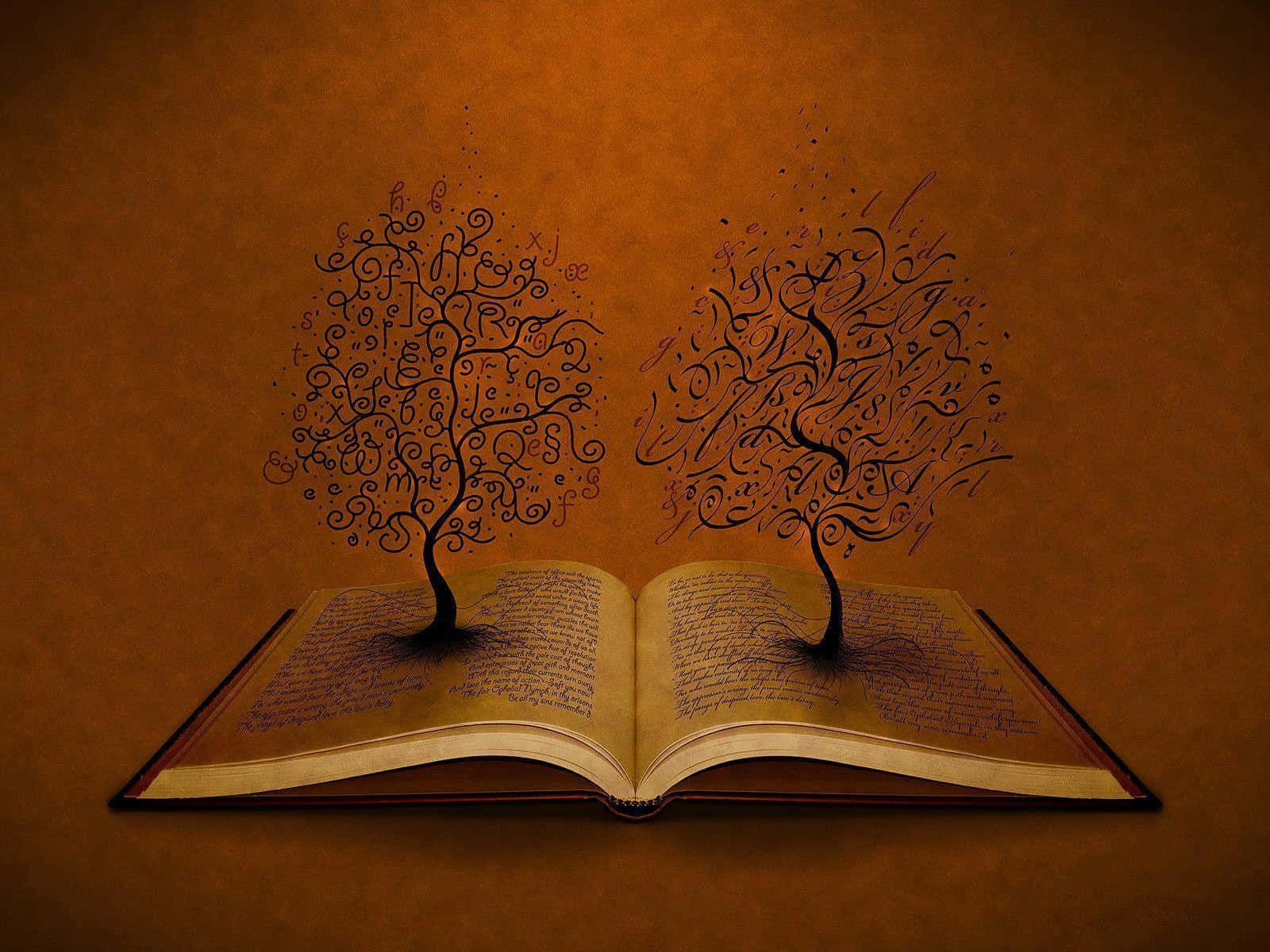 書本 桌布 壁紙 — 兩棵風格化的樹木，帶有旋轉字母，從一本打開的書中長出，背景是溫暖的棕色。