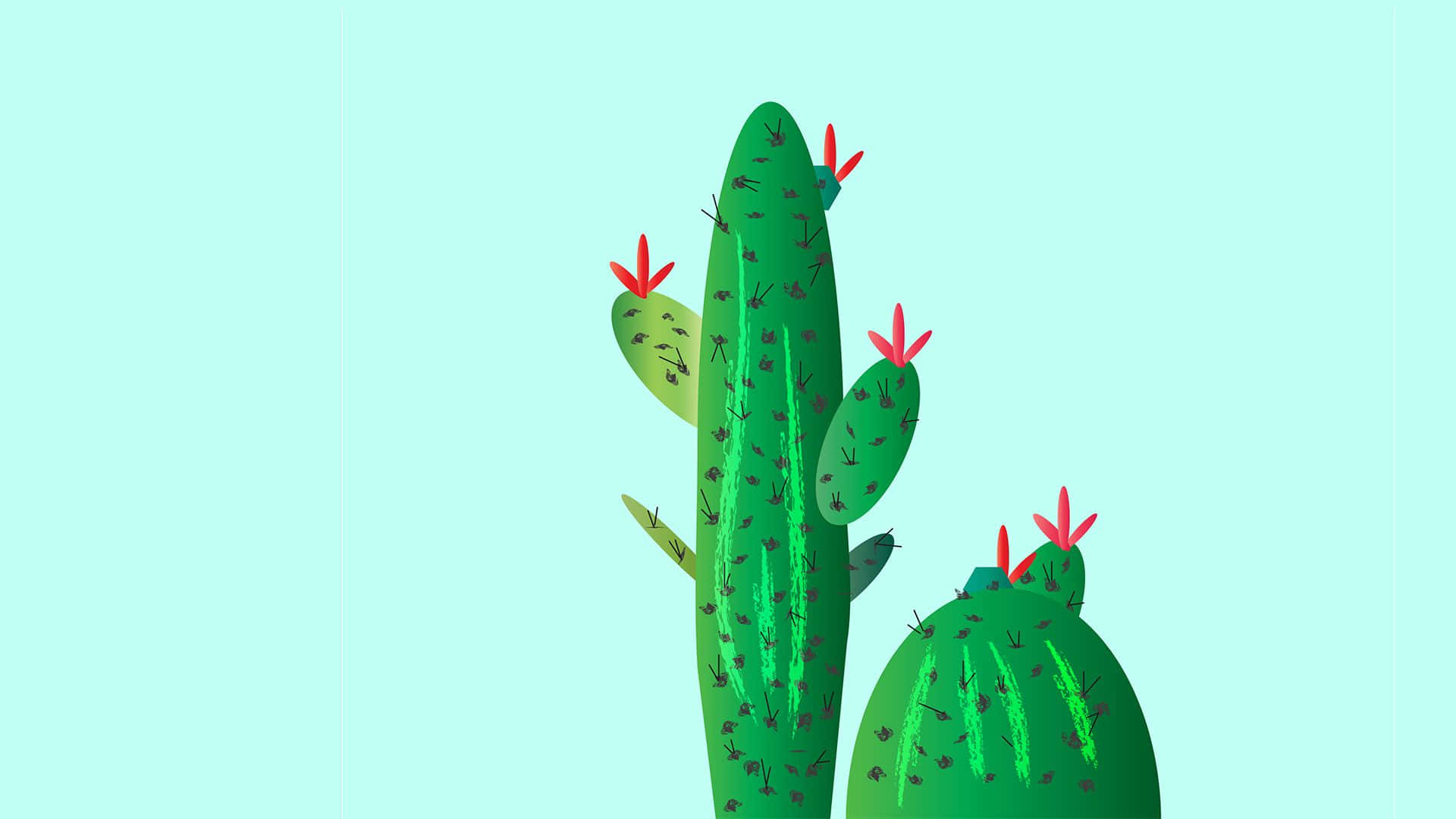 Cactus 桌布 壁紙 — 兩棵風格化的綠色仙人掌，帶有紅色花朵，立在柔和的薄荷色背景上。