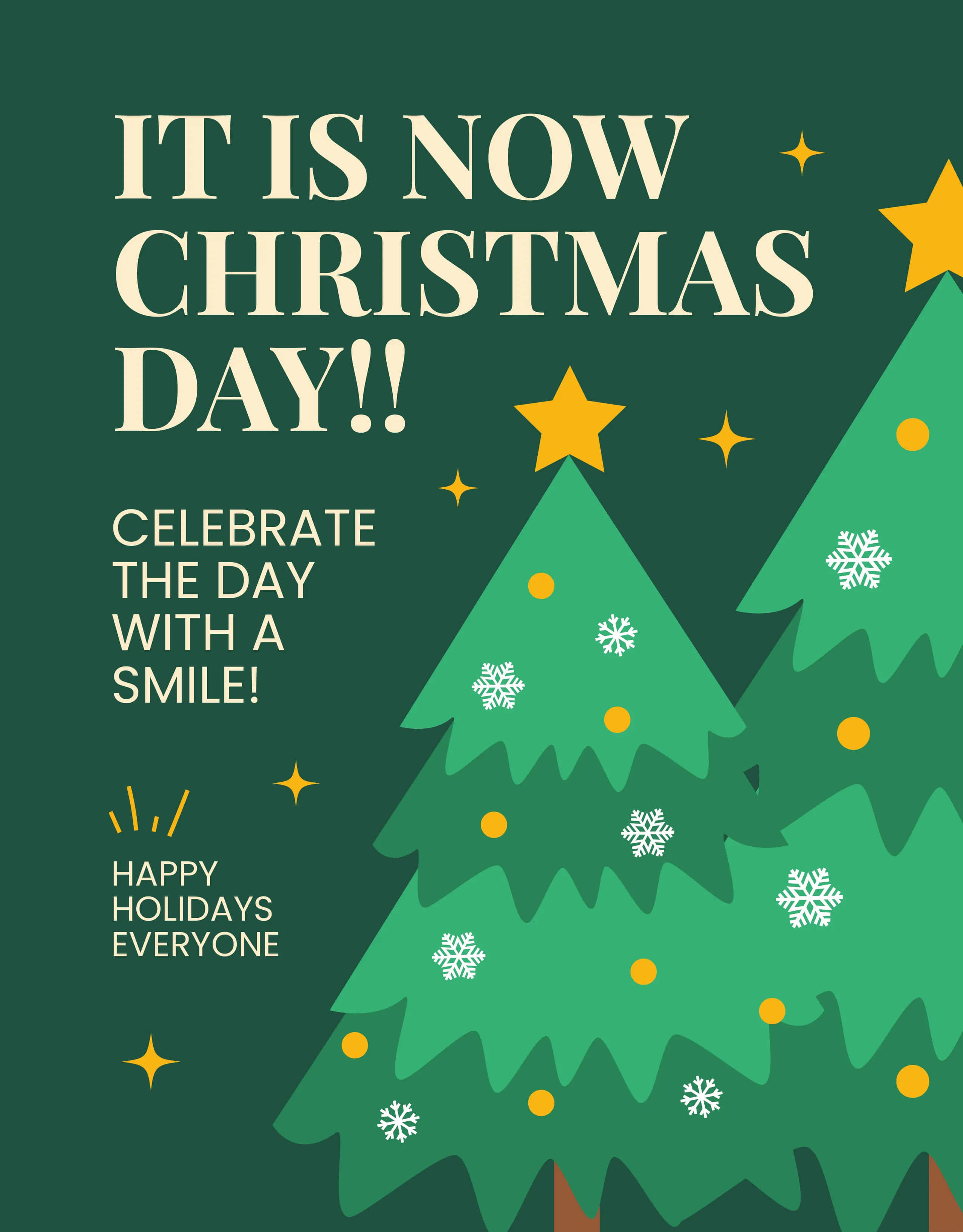 Christmas Flyer 桌布 壁紙 — 兩棵風格化的綠色聖誕樹，飾有雪花和黃色裝飾，深綠色背景上帶有節日文字。