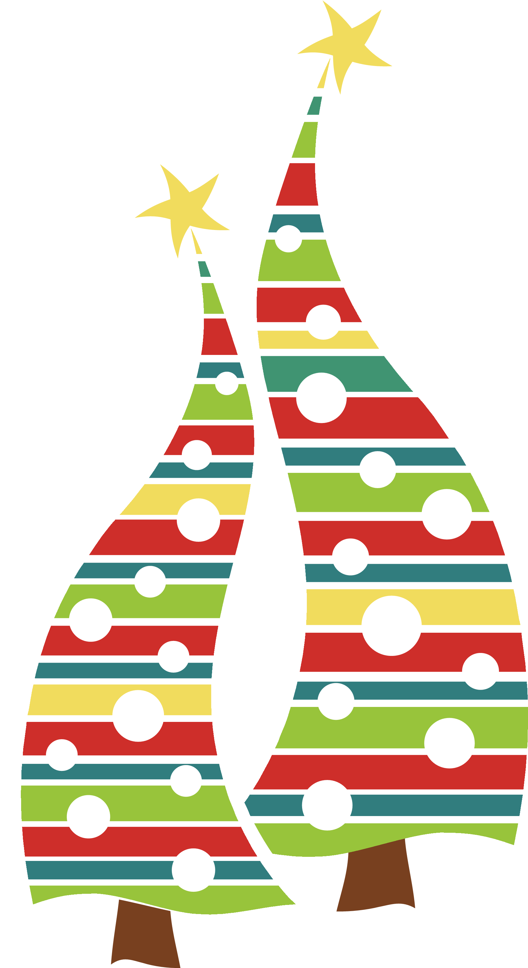 Christmas Clip Art 桌布 壁紙 — 兩棵風格化的聖誕樹，帶有條紋和圓點圖案，頂部有黃色星星。