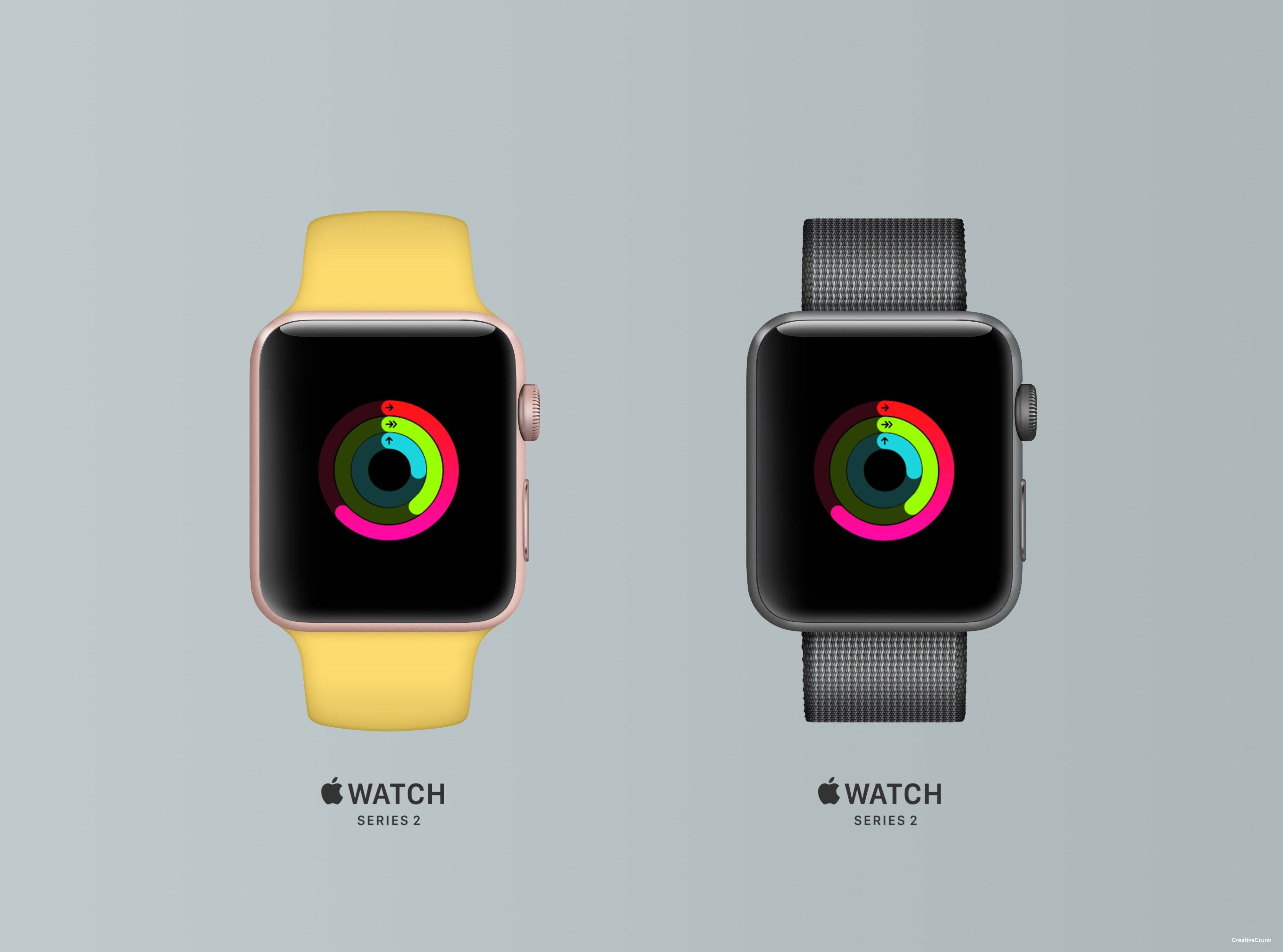 Apple Watch 動態 桌布 壁紙 — 兩款 Apple Watch Series 2 型號並排，一款配黃色錶帶和玫瑰金色錶殼，另一款配灰色錶帶和黑色錶殼，兩款均在黑色螢幕上顯示彩色活動圓環，背景為柔和灰色。