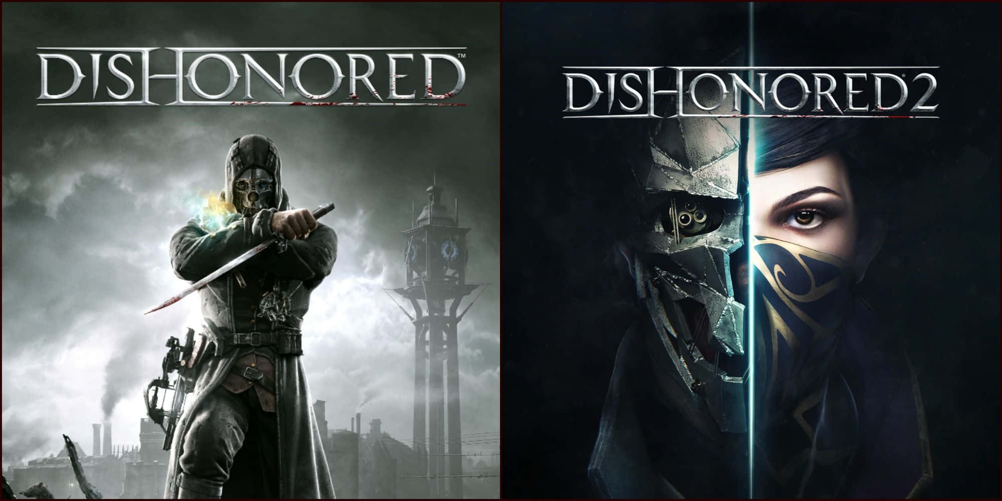 video games 桌布 壁紙 — 兩款《Dishonored》遊戲封面展示了一名戴面具、手持利刃的刺客，以及一個臉部裂開的角色，背景是黑暗煙霧瀰漫的城市。