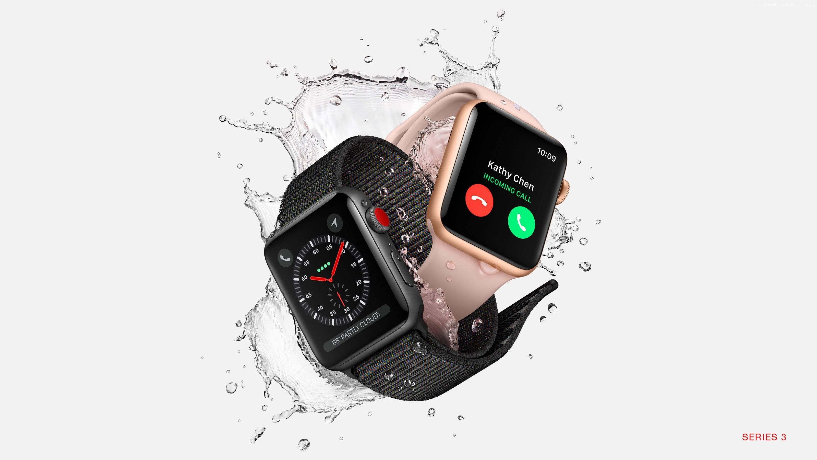 Apple Watch 動態 桌布 壁紙 — 兩款Apple Watch Series 3型號，配備黑色和玫瑰金色錶帶，在純白色背景上衝破水花。