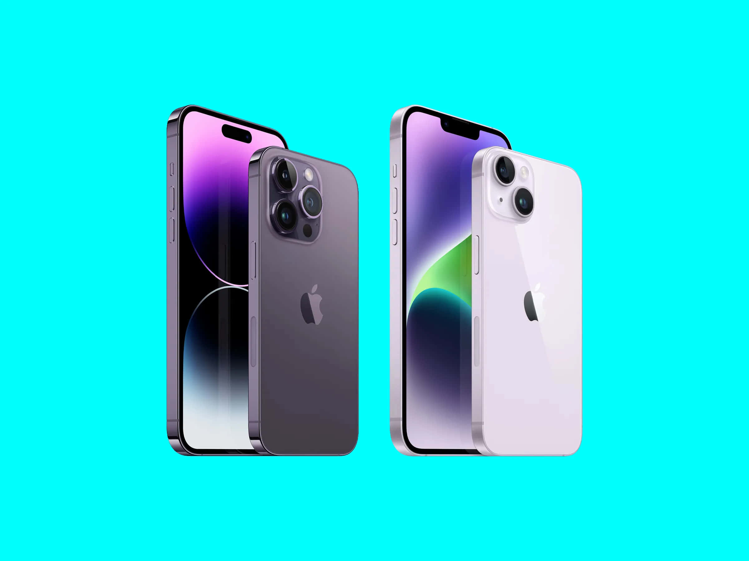 Apple Phone 桌布 壁紙 — 兩款iPhone型號在充滿活力的青色背景上展示正面和背面，帶有漸變螢幕。