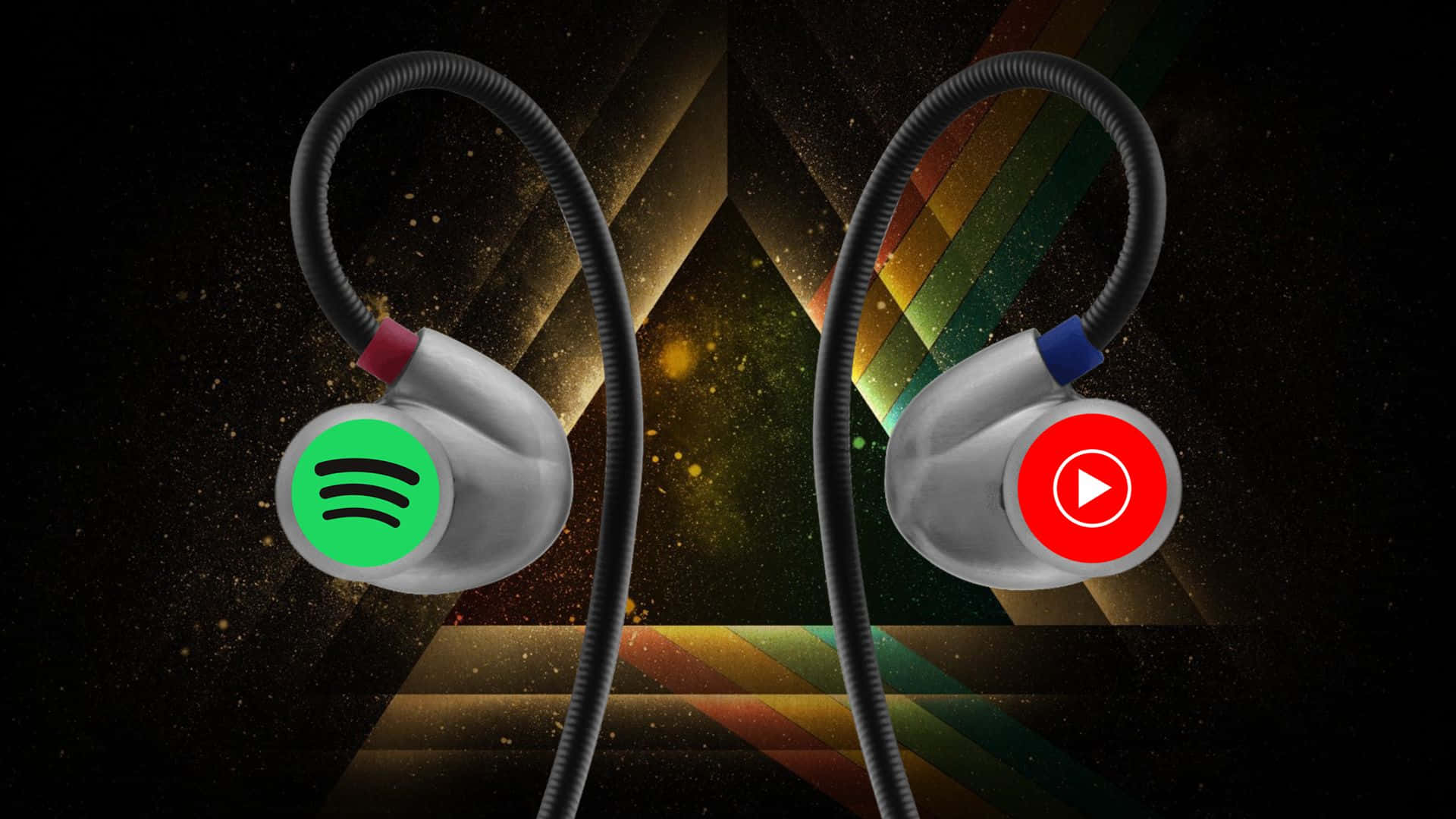 Spotify 桌布 壁紙 — 兩款印有Spotify和YouTube標誌的時尚入耳式耳機，漂浮在宇宙彩虹漸變背景上。