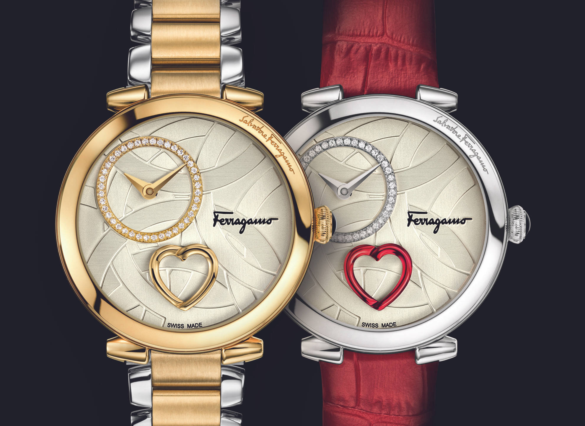 Ferragamo 桌布 壁紙 — 兩款奢華 Ferragamo 手錶，金色和銀色錶殼，心形錶盤，鑽石點綴，深色背景。