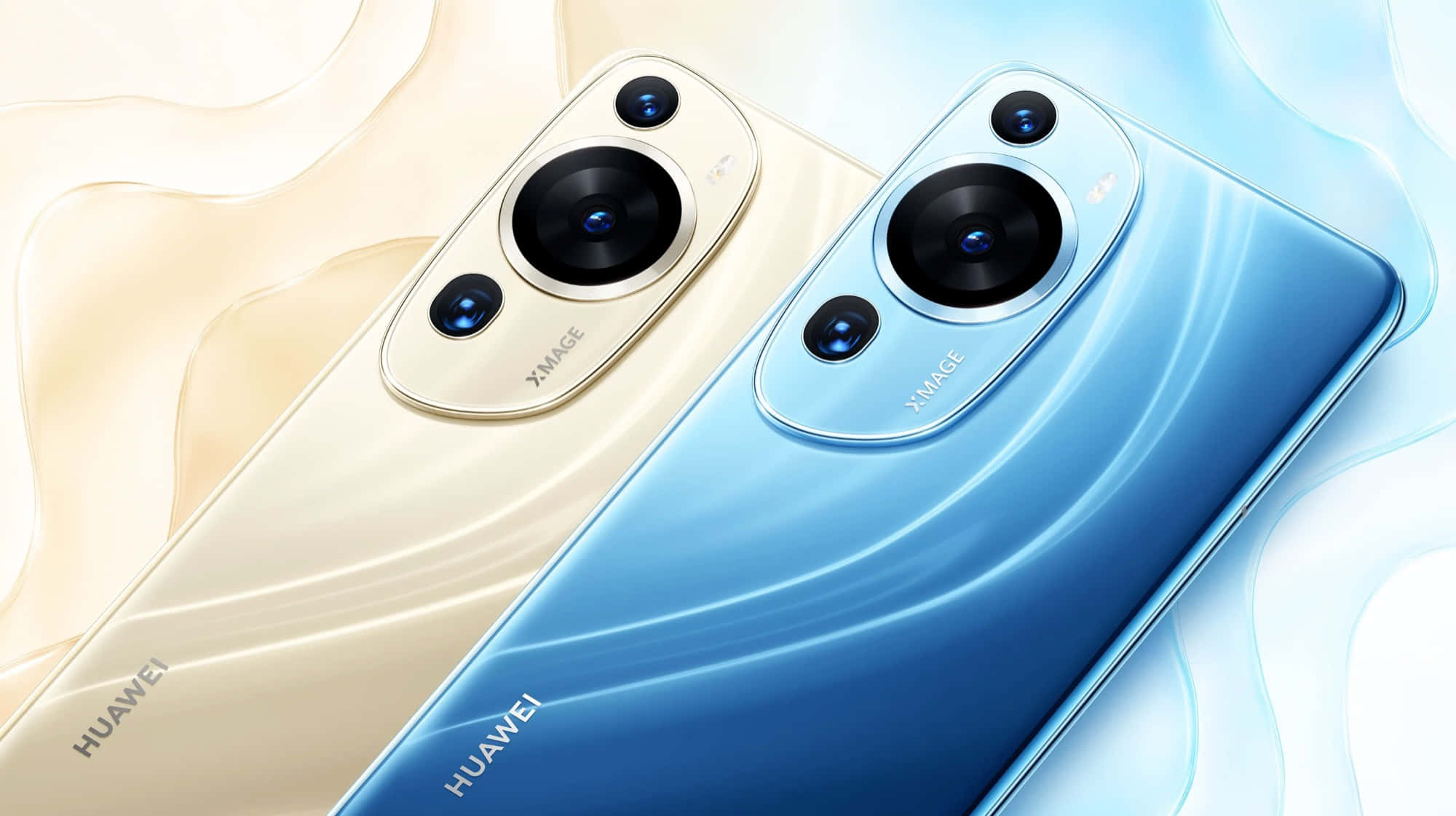 華為 桌布 壁紙 — 兩款時尚的Huawei智慧型手機，金色和藍色，放置在流動的抽象波浪上，顏色為奶油色和青色。