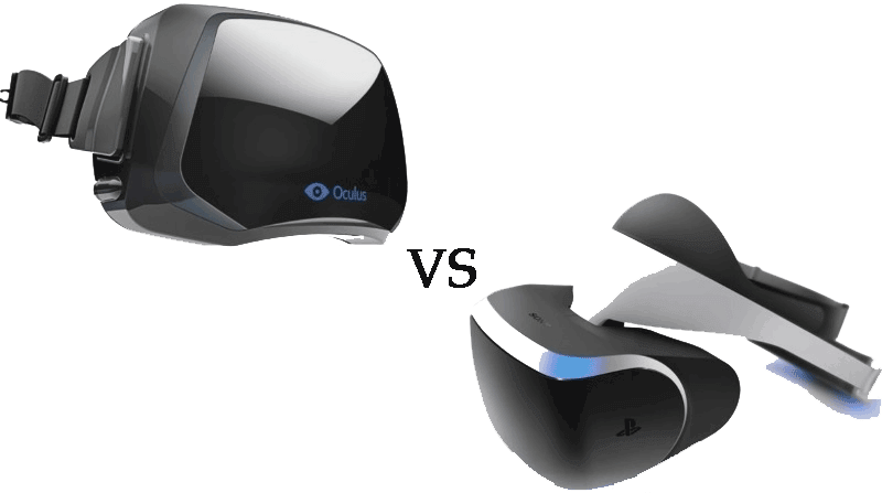 PlayStation 桌布 壁紙 — 兩款時尚的VR頭戴式裝置Oculus和PlayStation VR在鮮明的黑色背景上對峙，帶有粗體的VS符號。