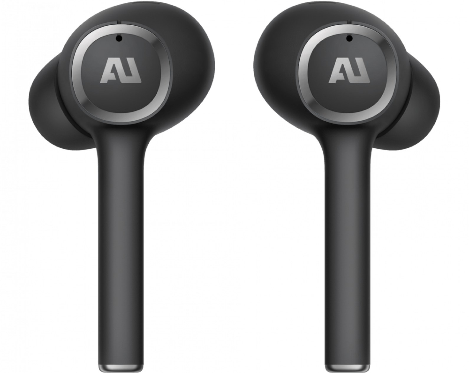 AirPods 桌布 壁紙 — 兩款時尚黑色無線耳機，帶有銀色AU標誌，置於有紋理的青綠色布料背景上。