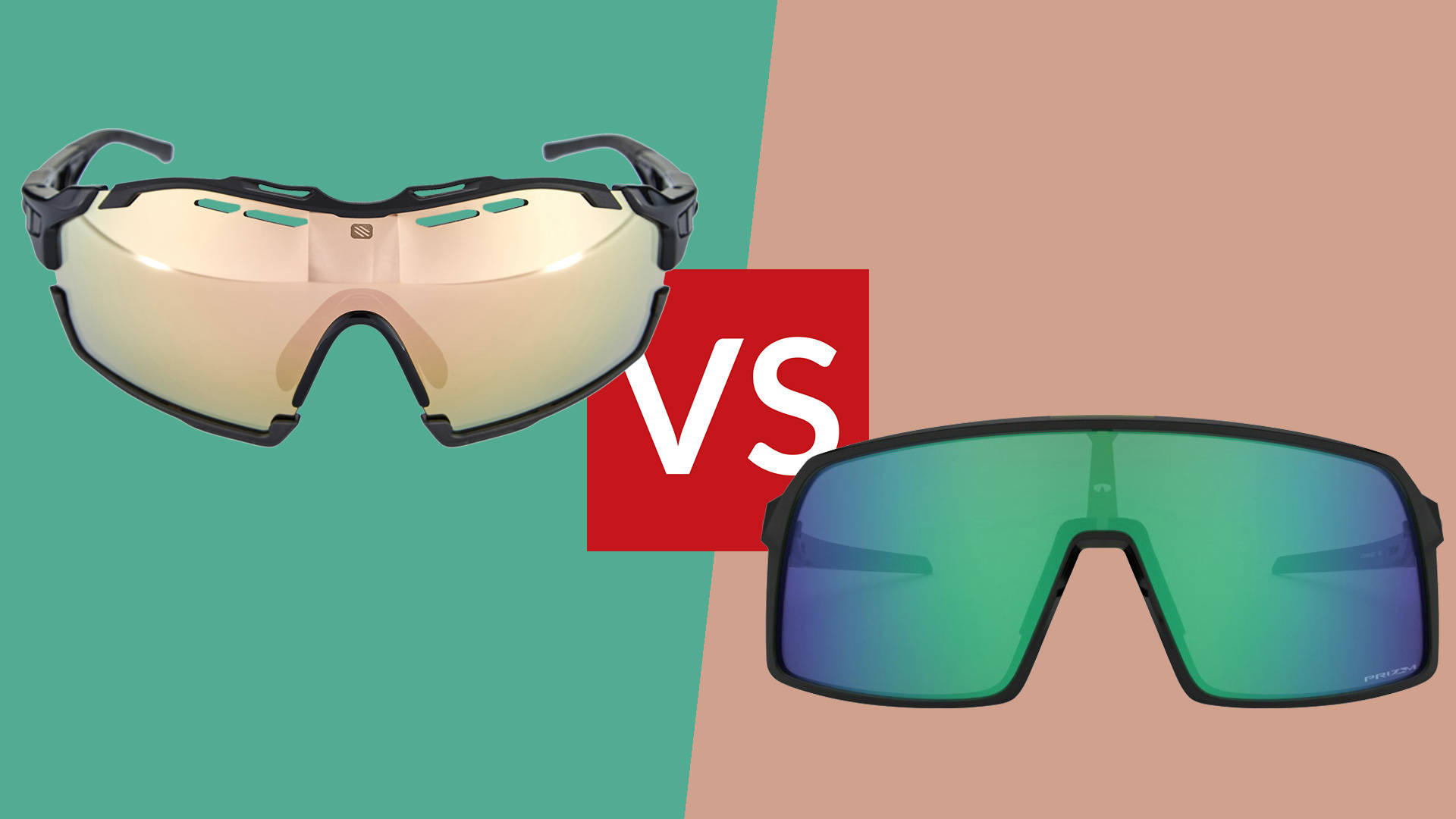 Sunglasses 桌布 壁紙 — 兩款運動型太陽眼鏡配反光鏡片，在分為青綠色和米色的背景上，以紅色「VS」圖案對峙。