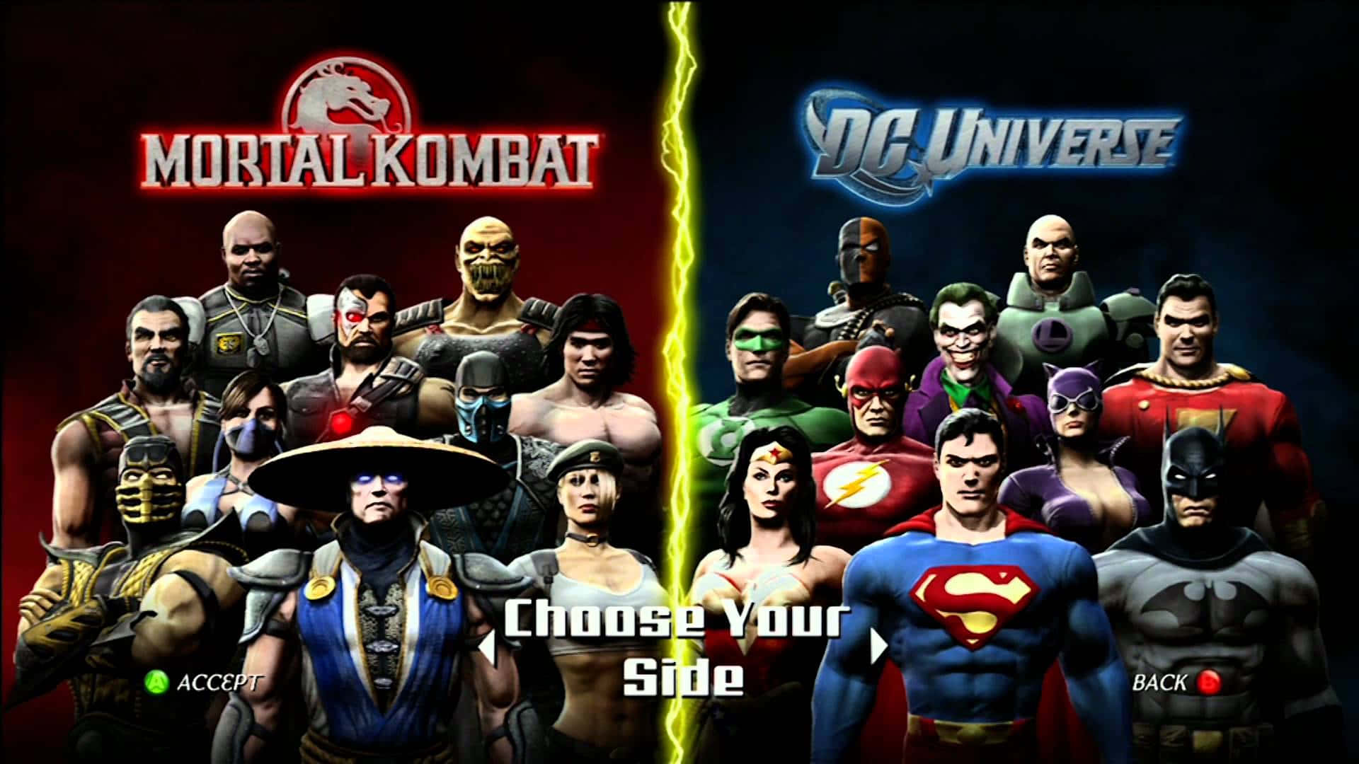Mortal Kombat Vs Dc Universe 桌布 壁紙 — 兩派標誌性的電子遊戲和漫畫英雄在發光的閃電分割畫面上對峙。