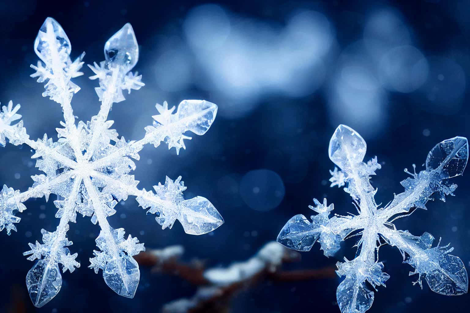 雪花 桌布 壁紙 — 兩片精緻發光的雪花棲息在樹枝上，背景是柔和的藍色散景。