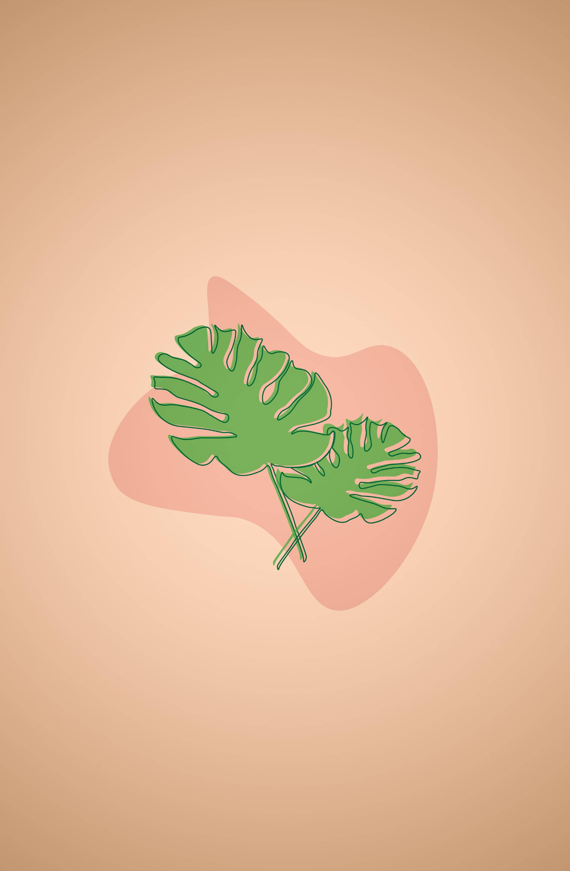 Green Leaves 桌布 壁紙 — 兩片綠色龜背竹葉以黑色勾勒，放在米色背景上柔和的粉紅色抽象形狀上。