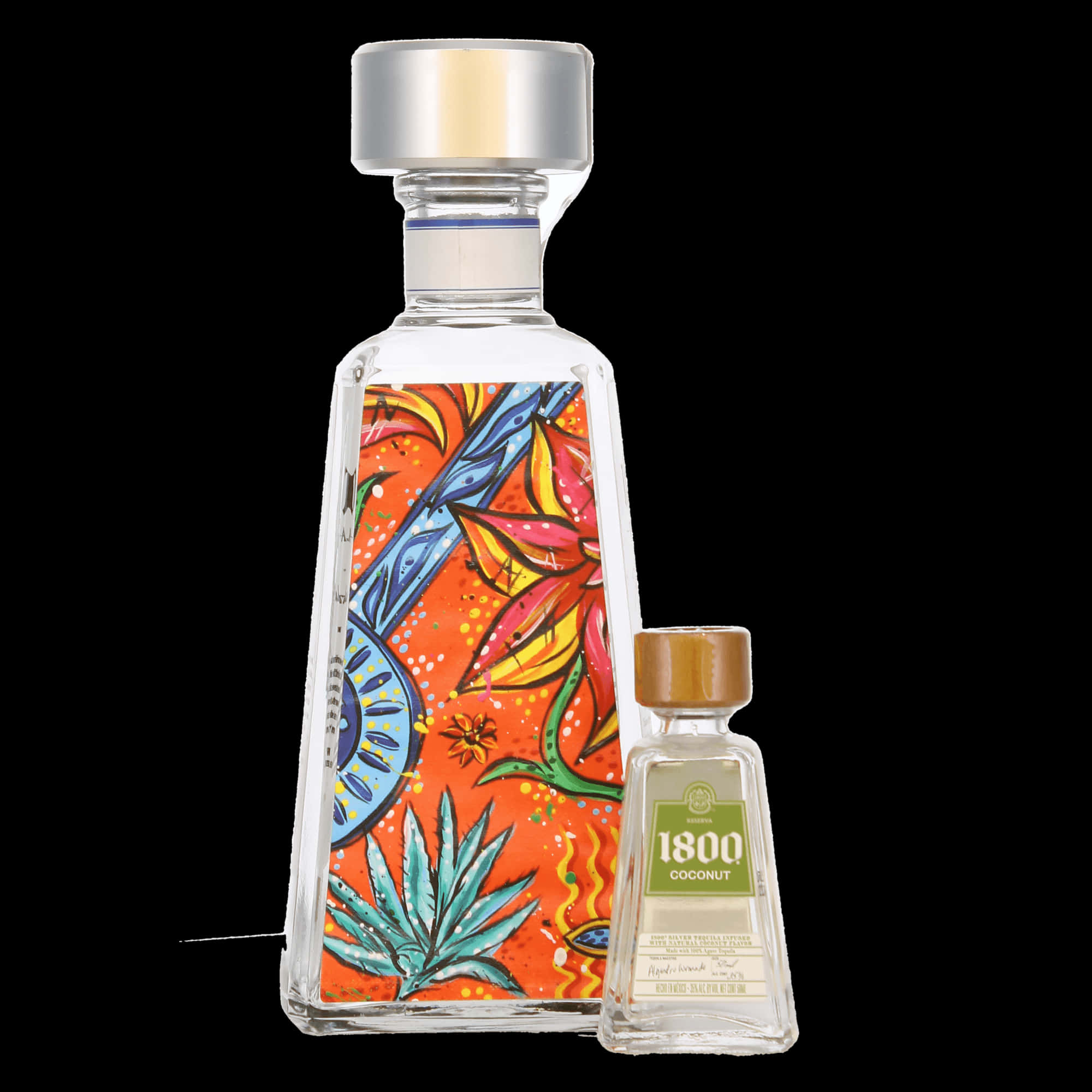 alcohol 桌布 壁紙 — 兩瓶1800龍舌蘭酒，一瓶大瓶帶有鮮豔熱帶藝術圖案，一瓶小椰子口味酒瓶，黑色背景。