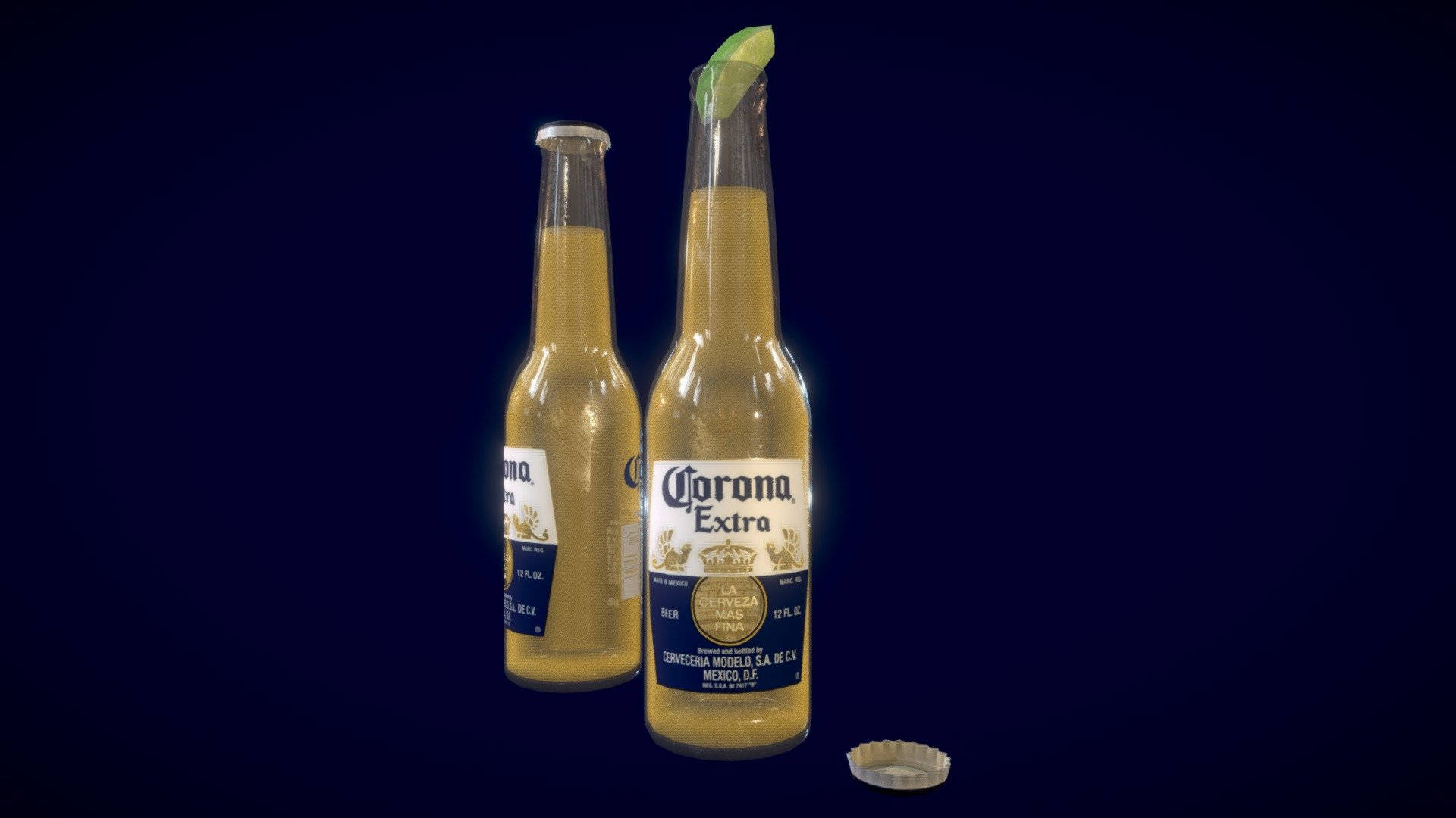 檸檬 桌布 壁紙 — 兩瓶Corona Extra啤酒瓶，其中一瓶旁邊有萊姆角和瓶蓋，在深藍色背景上發光。