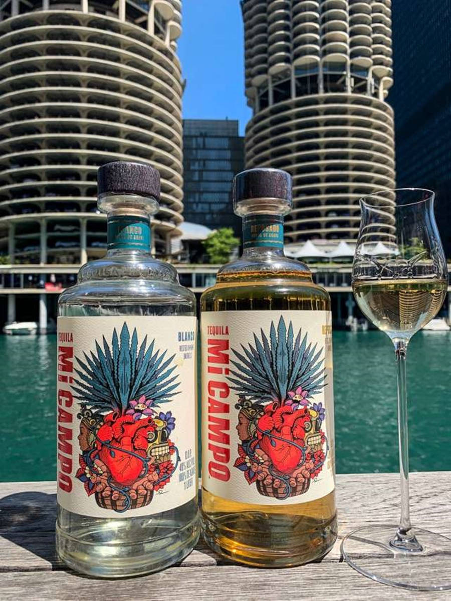 Buildings 桌布 壁紙 — 兩瓶Mi Campo龍舌蘭酒和一個酒杯放在木製碼頭上，背後是標誌性的螺旋摩天大樓和碧綠色的海水。