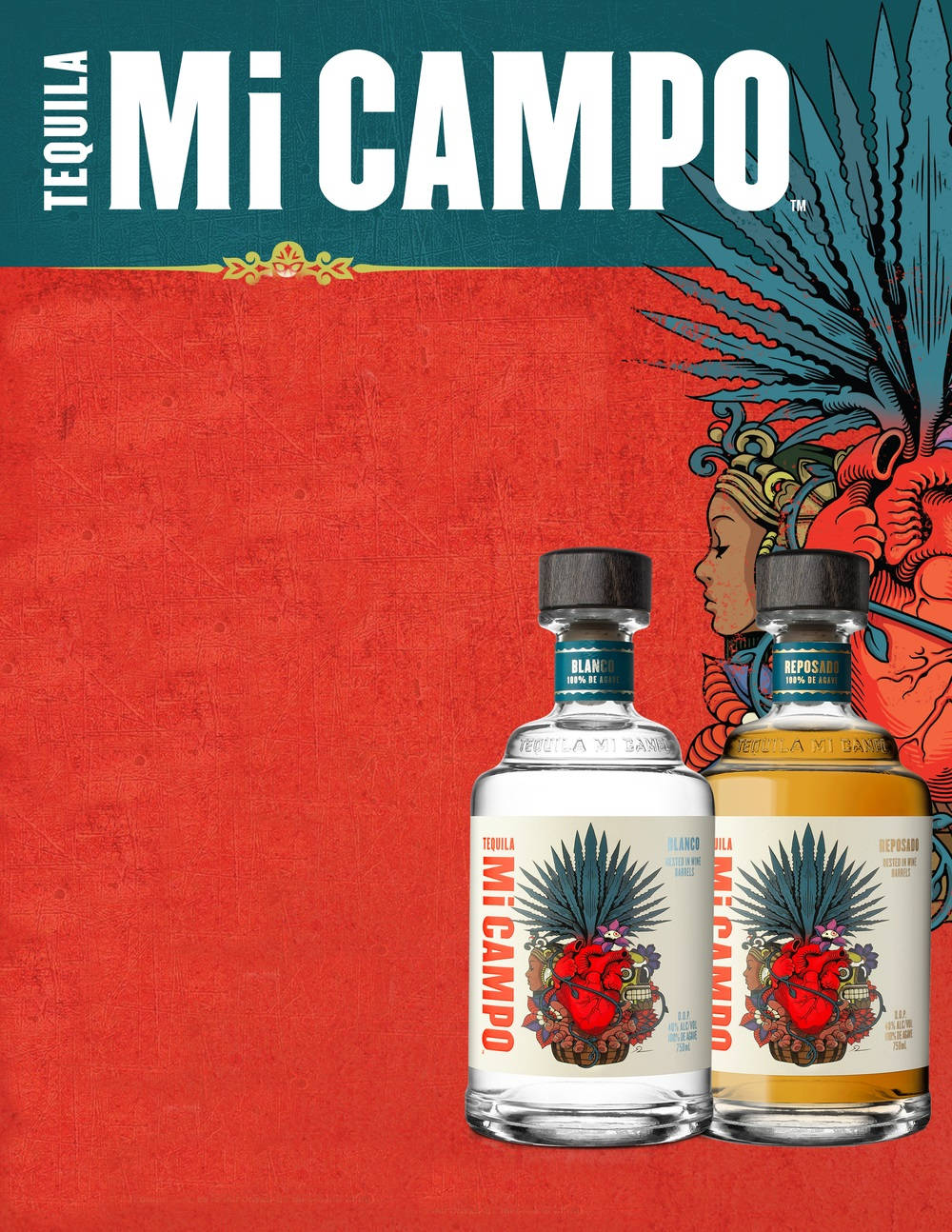 poster 桌布 壁紙 — 兩瓶Mi Campo龍舌蘭酒矗立在鮮紅色紋理背景前，背景帶有風格化的阿茲特克風格人物和龍舌蘭圖案。