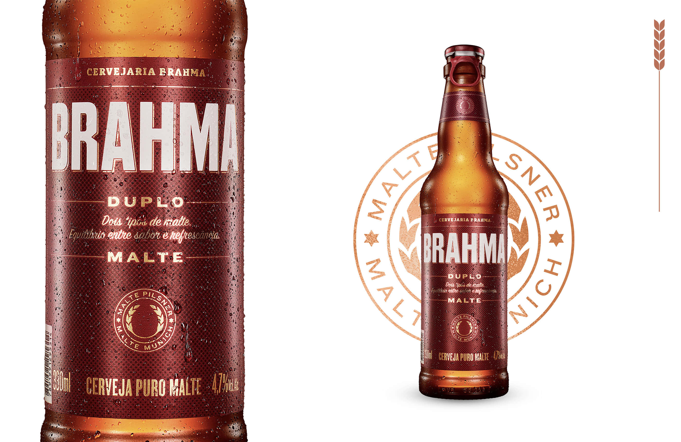 alcohol 桌布 壁紙 — 兩瓶冰涼的Brahma啤酒瓶，帶有冷凝水，一瓶直立，另一瓶傾斜，旁邊有一個圓形麥芽標誌，背景為白色。