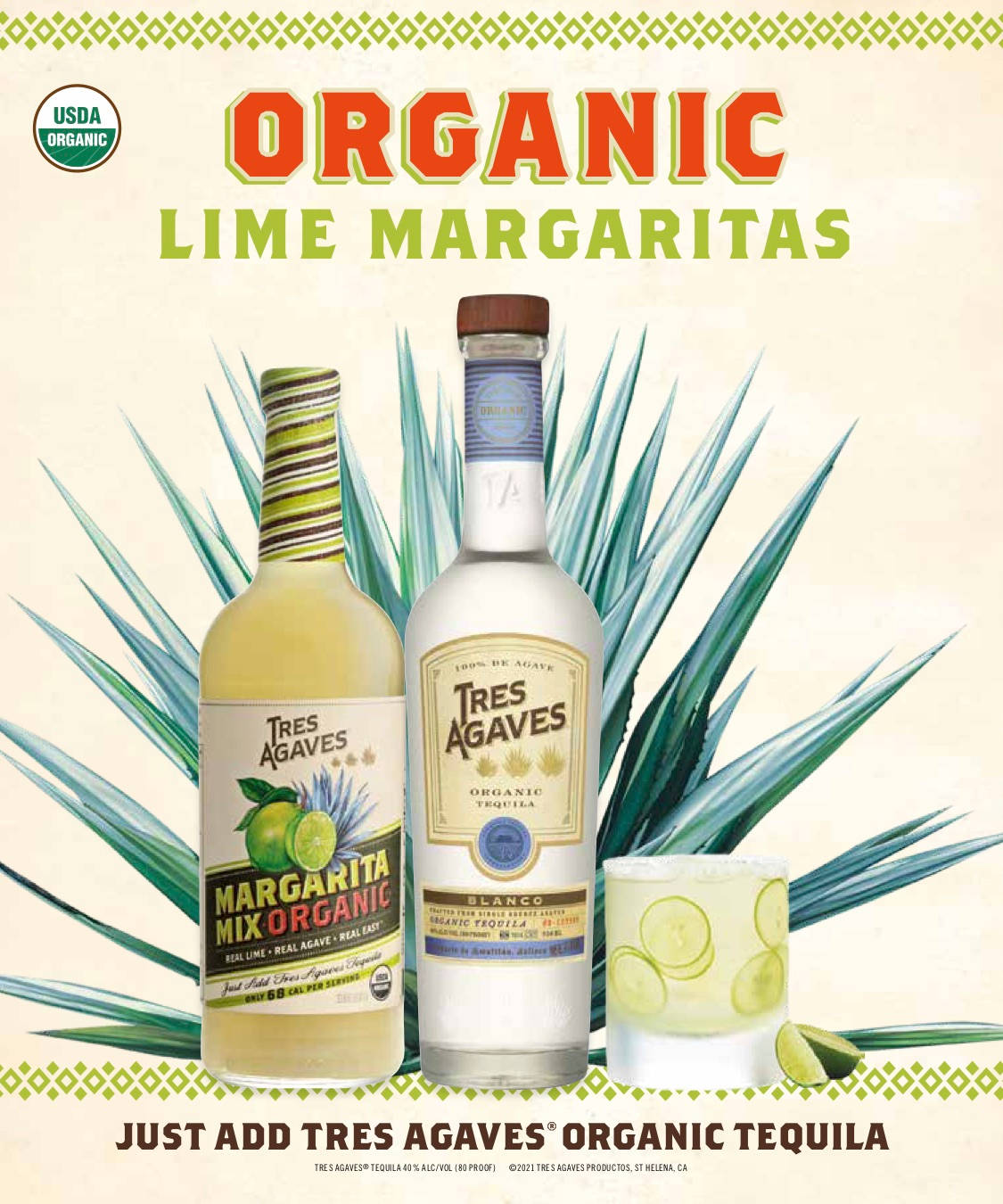 drinks 桌布 壁紙 — 兩瓶有機龍舌蘭酒和一杯瑪格麗特雞尾酒放在奶油色背景的裝飾邊框旁，旁邊有龍舌蘭植物。