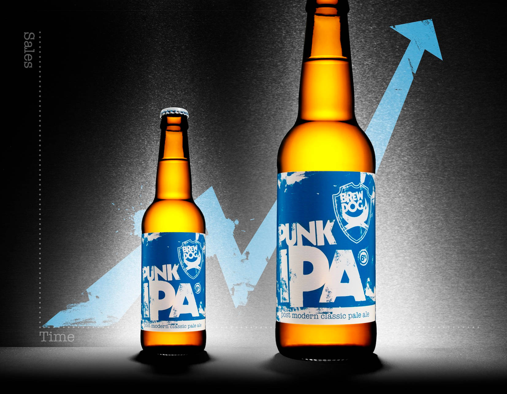 Drink 桌布 壁紙 — 兩瓶標有Punk IPA的琥珀色啤酒瓶立在深色紋理背景上的藍色向上箭頭圖表前。