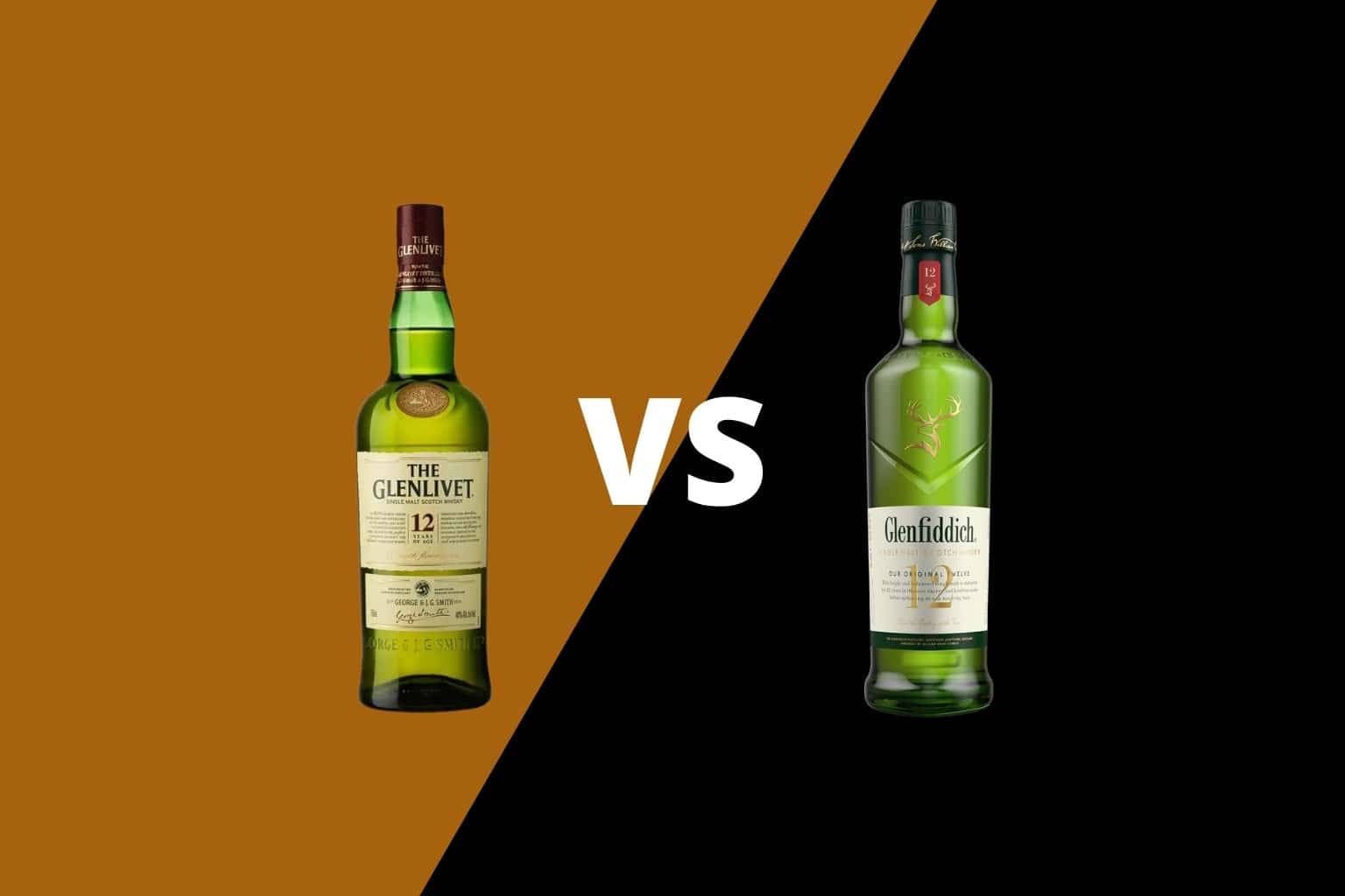 黑色 桌布 壁紙 — 兩瓶綠色威士忌酒瓶，標有The Glenlivet和Glenfiddich，分別位於對角線黑色和橙色分割的兩側，中間有一個粗體白色VS。