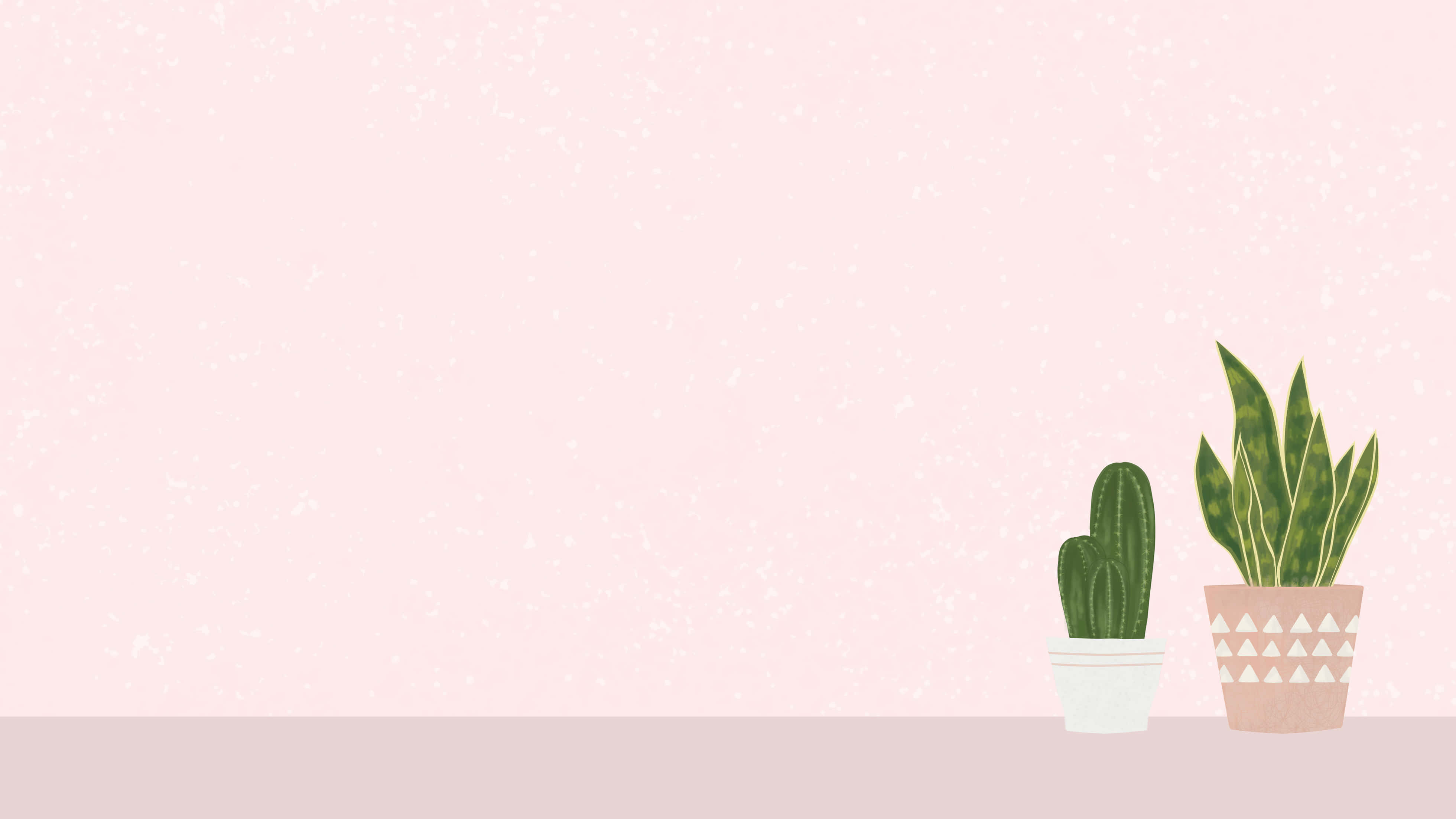 succulent 桌布 壁紙 — 兩盆盆栽，一盆仙人掌和一盆虎尾蘭，放在一個架子上，背景是柔軟的粉紅色紋理牆壁。