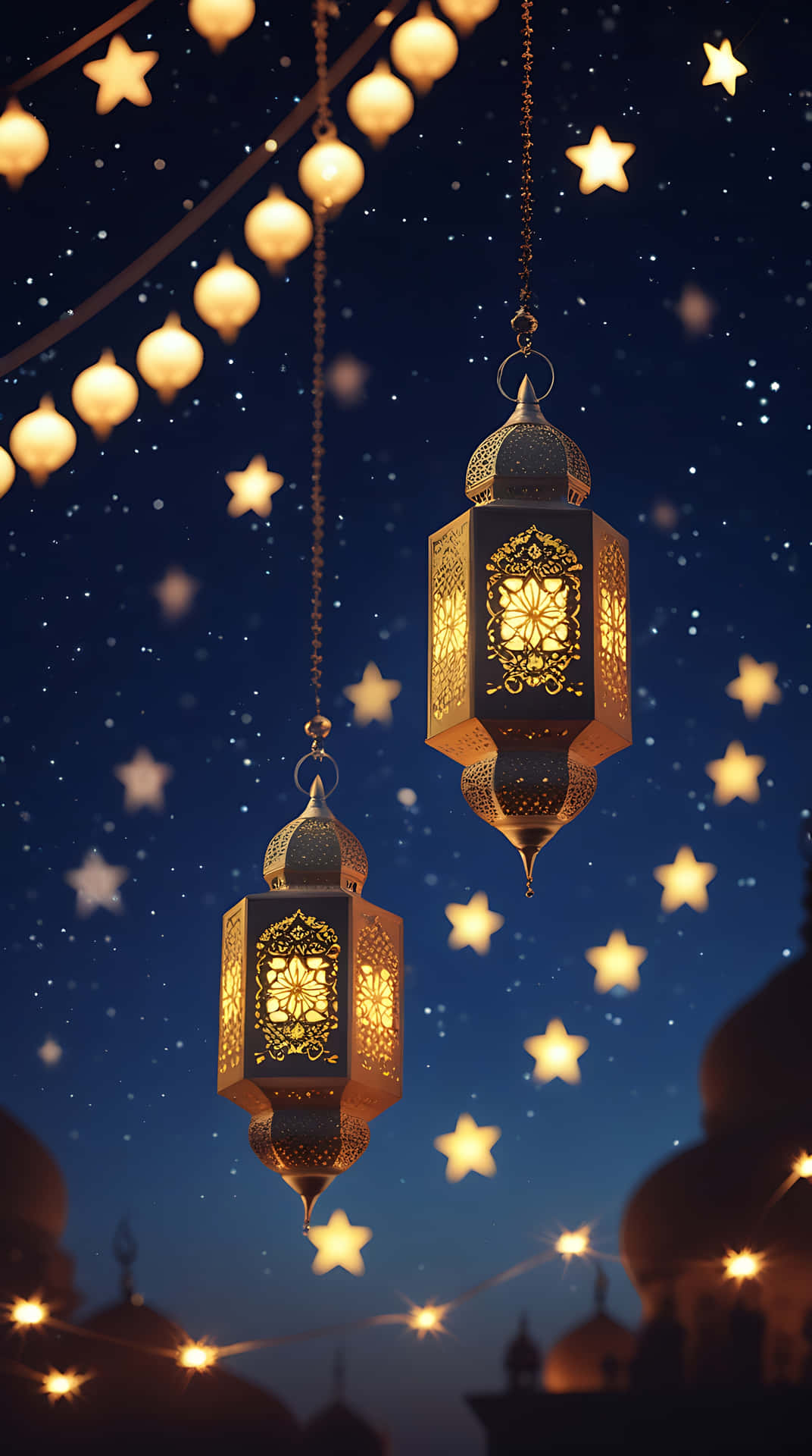 Ramadan Mubarak with Starry Sky and Hanging Lanterns. smartphone wallpaper 壁紙 — 兩盞華麗的金色燈籠在星空下溫暖地發光，映襯著剪影般的圓頂。