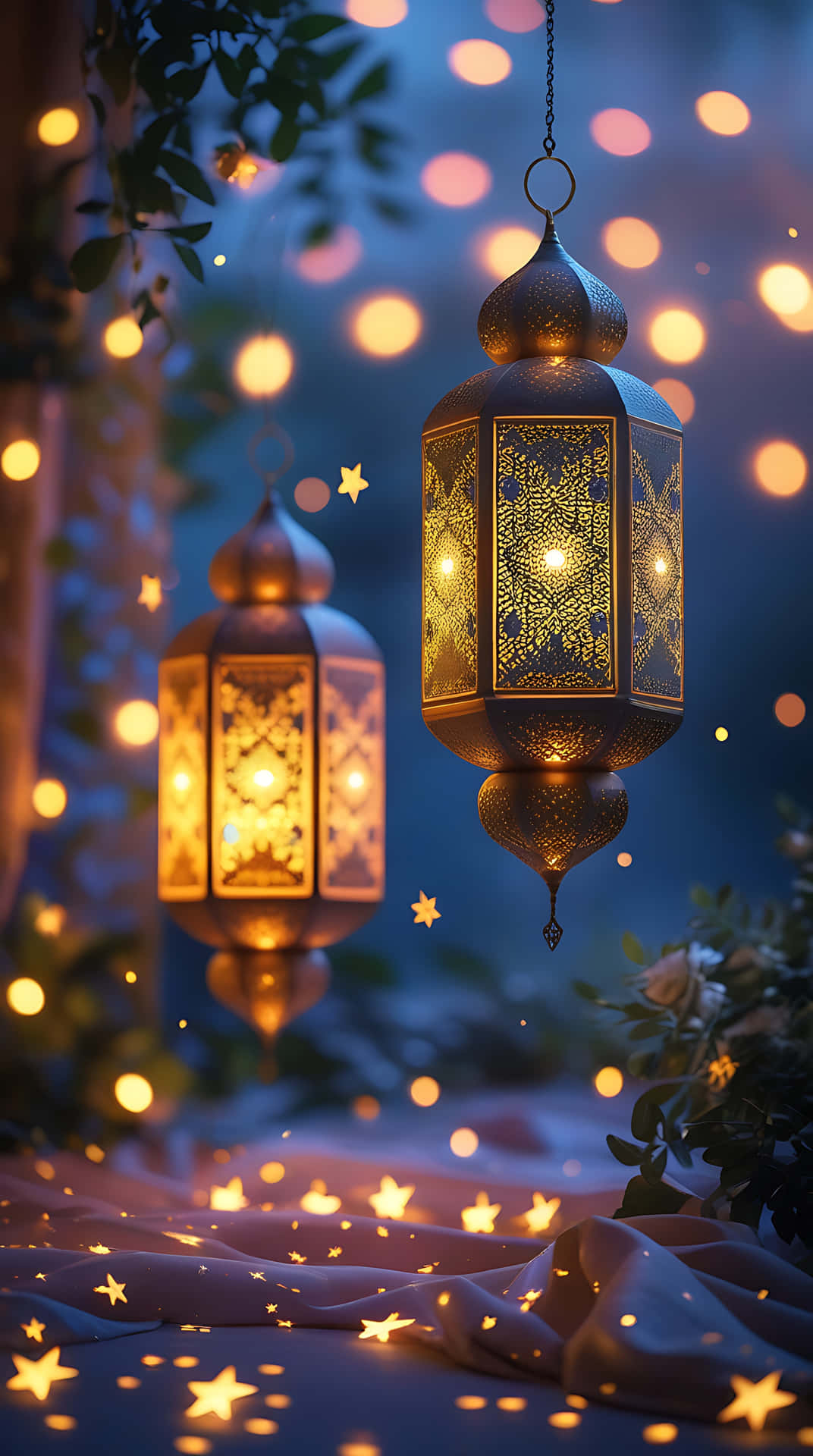 Ramadan Lanterns Illuminating a Tranquil Night. smartphone wallpaper 壁紙 — 兩盞華麗的金色燈籠在深藍色的夜空中溫暖地發光，夜空點綴著柔和的光斑和散落的星星形狀。