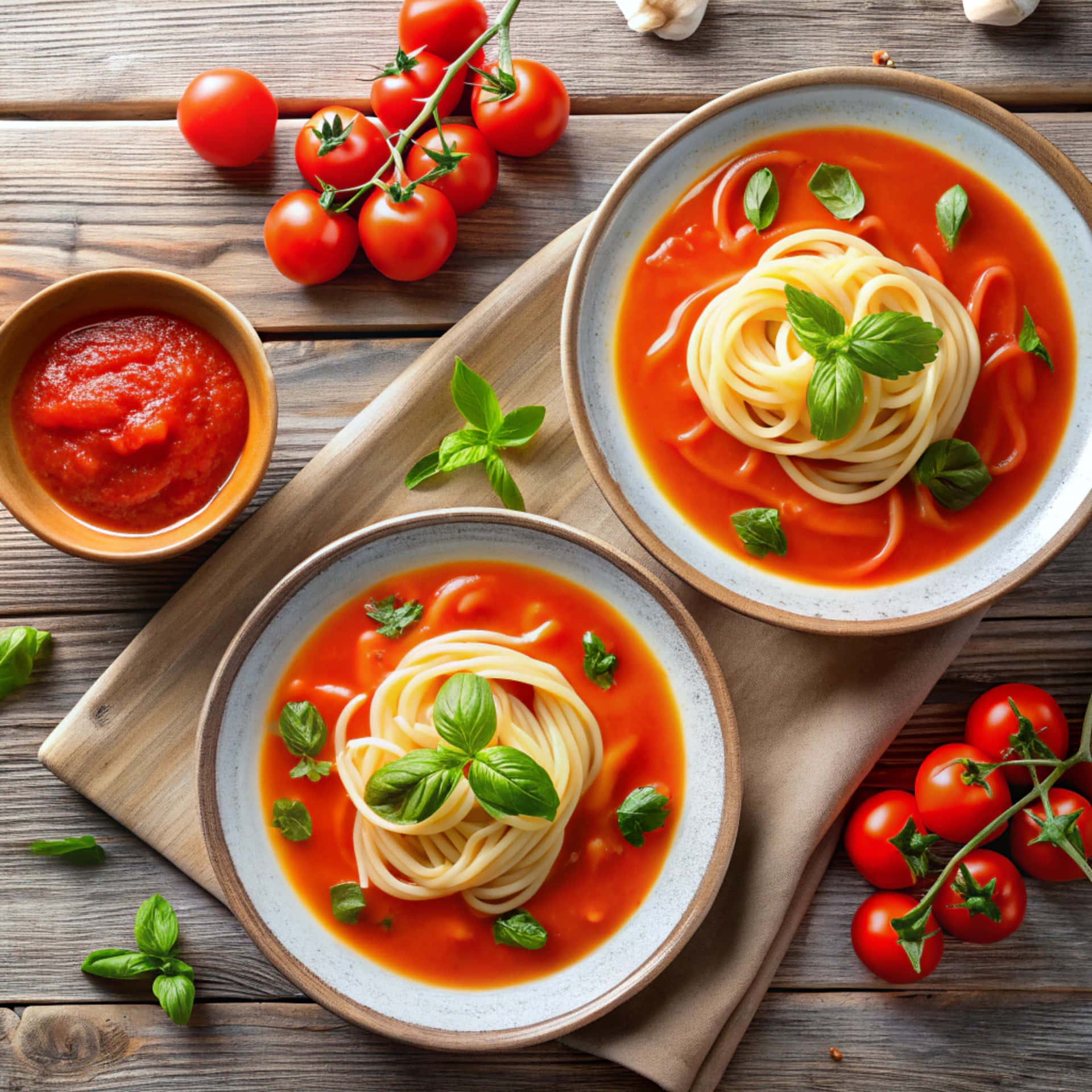 Top view of plates with pasta and soup 壁紙 — 兩碗義大利麵搭配鮮豔的番茄醬，飾以新鮮羅勒，放在木板上，旁邊有櫻桃番茄和瑪利納拉醬。